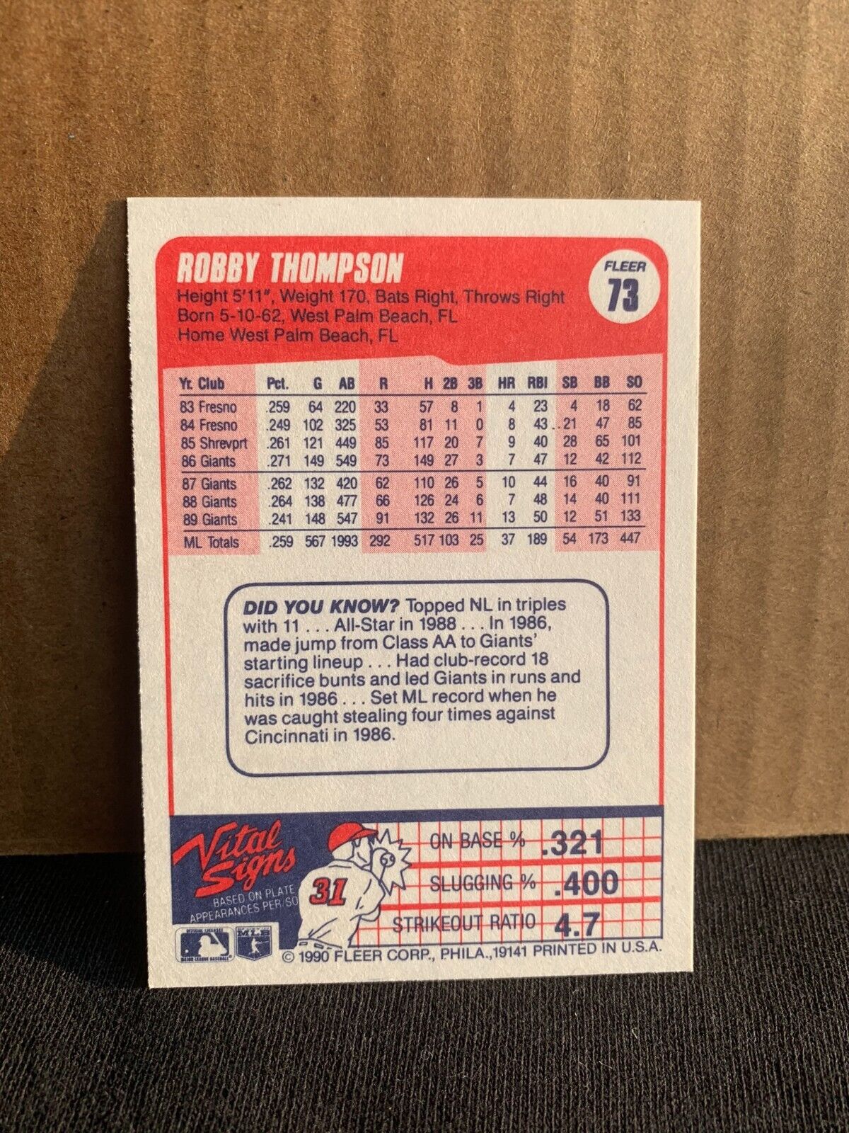 1990 Fleer Baseball Card San Francisco Giants Robby Thompson