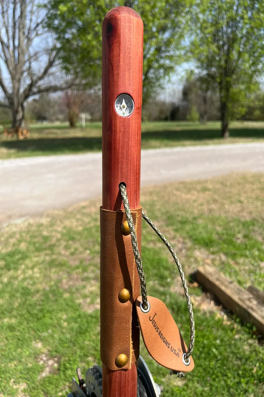 Handcrafted red cedar wood walking stick with compass, full leather grip, brass buttons, paracord wrist strap, made in USA