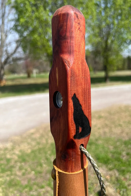 Handcrafted cedar wood walking stick with engraved wolf and inlaid 5/8" aluminum rustproof military compass, made in USA