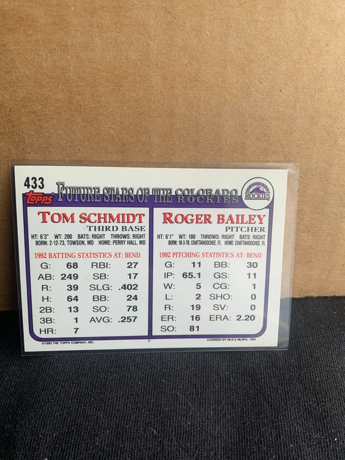 1993 Topps Gold Baseball Card Rockies Tom Schmidt Roger Bailey