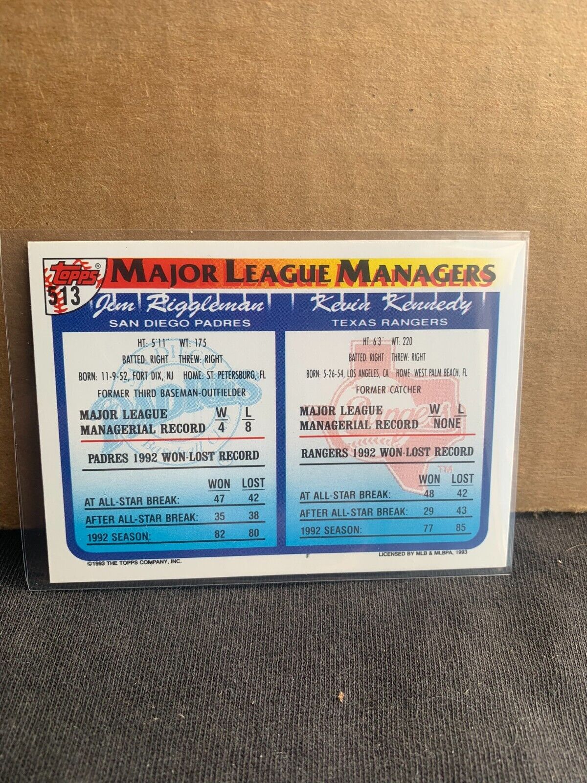 1993 Topps Baseball Card Managers Kevin Kennedy Jim Riggleman 