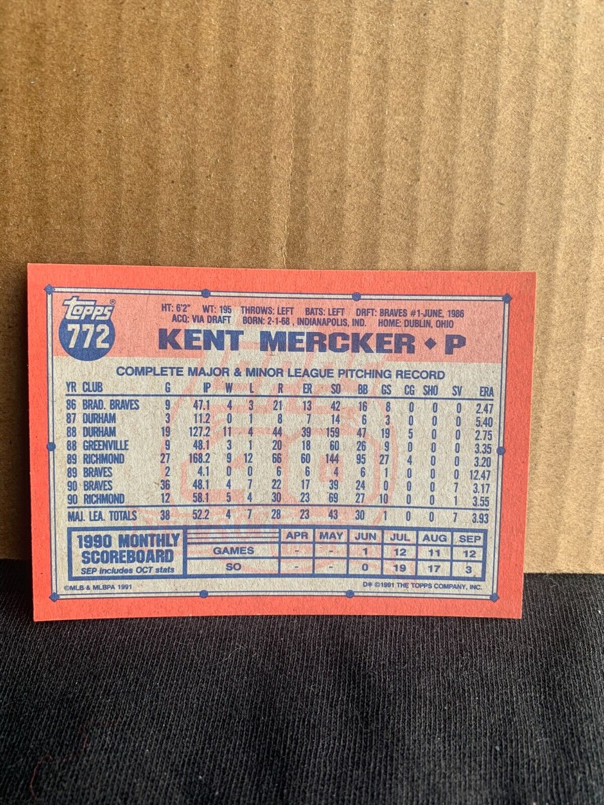 1991 Topps Baseball Card Atlanta Braves Kent Mercker