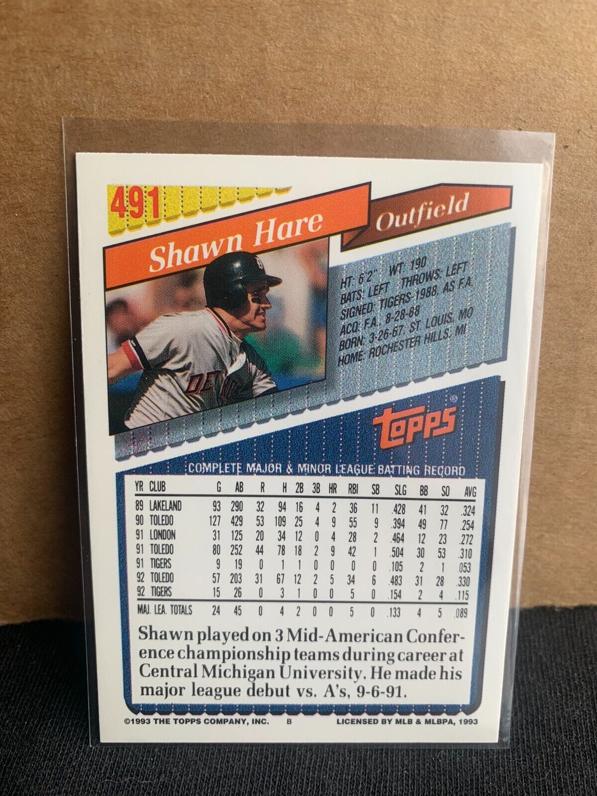 1993 Topps Baseball Card Detroit Tigers Shawn Hare