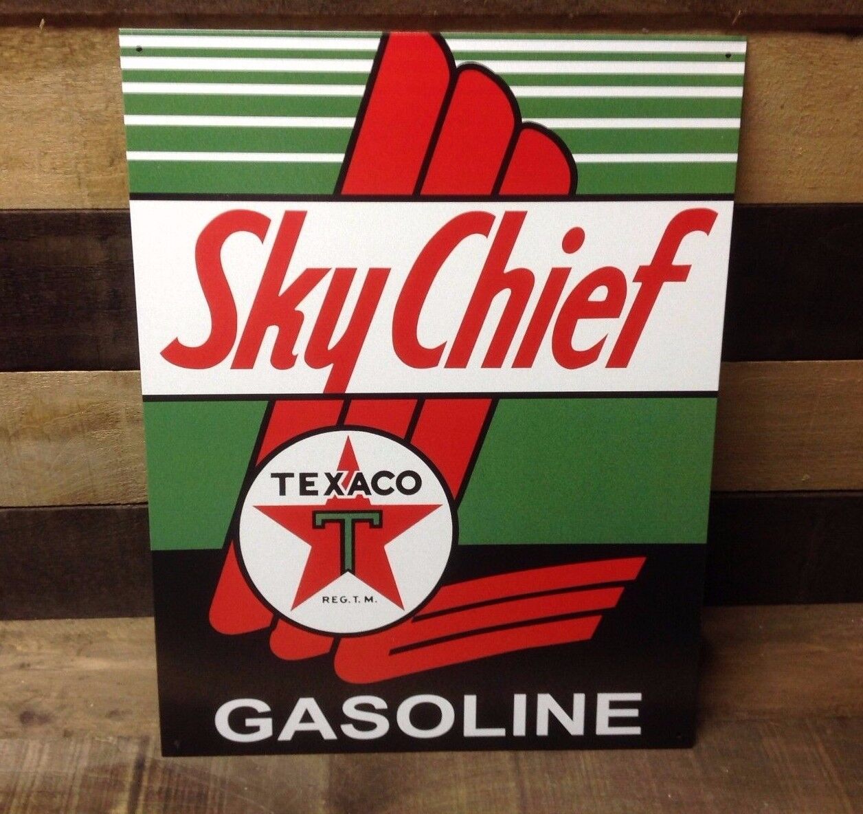 Texaco Skychief Gasoline Metal Sign Tin Vintage Garage Auto Shop Oil Rustic 