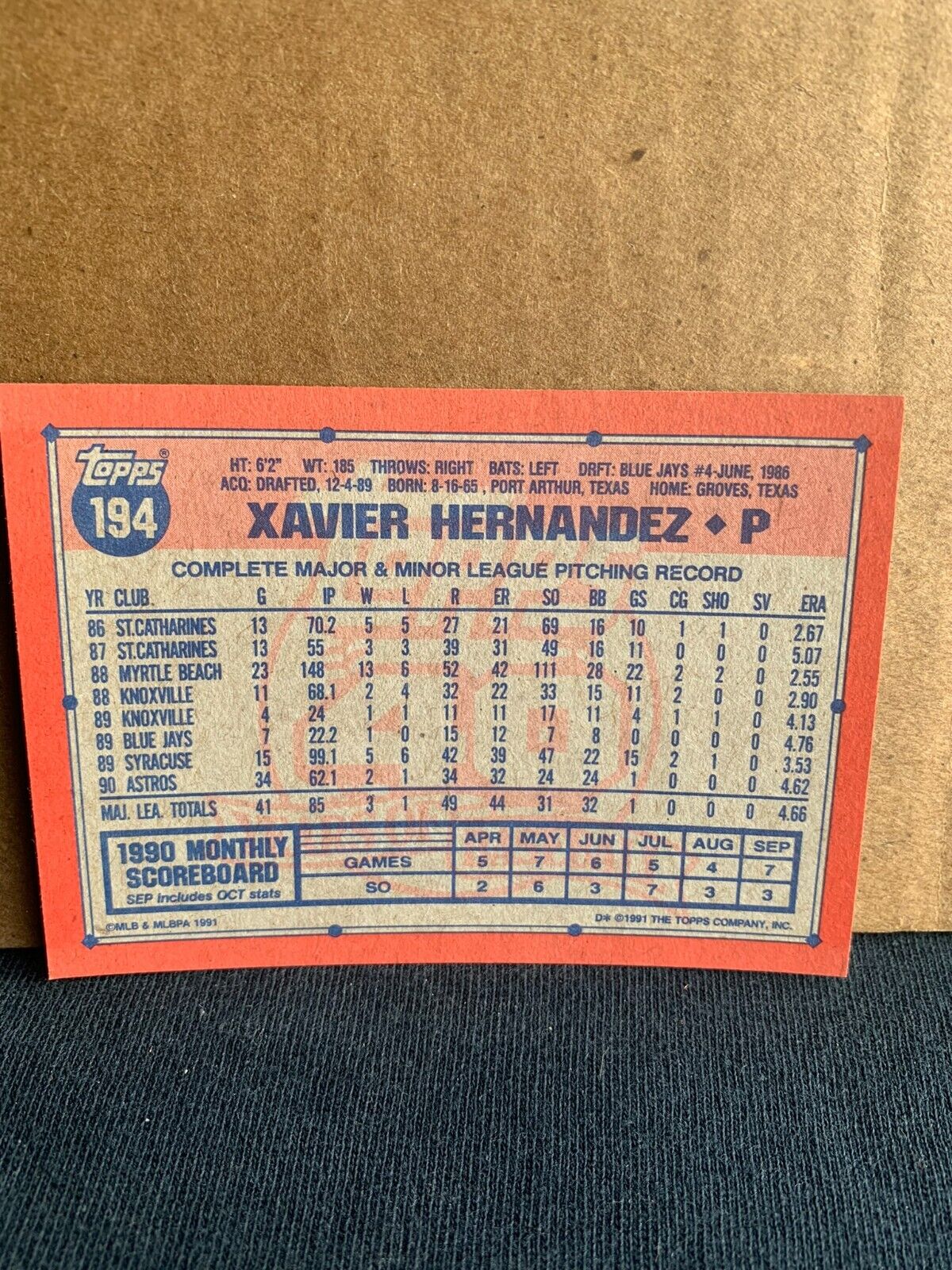 1991 Topps Baseball Card Houston Astros Xavier Hernandez