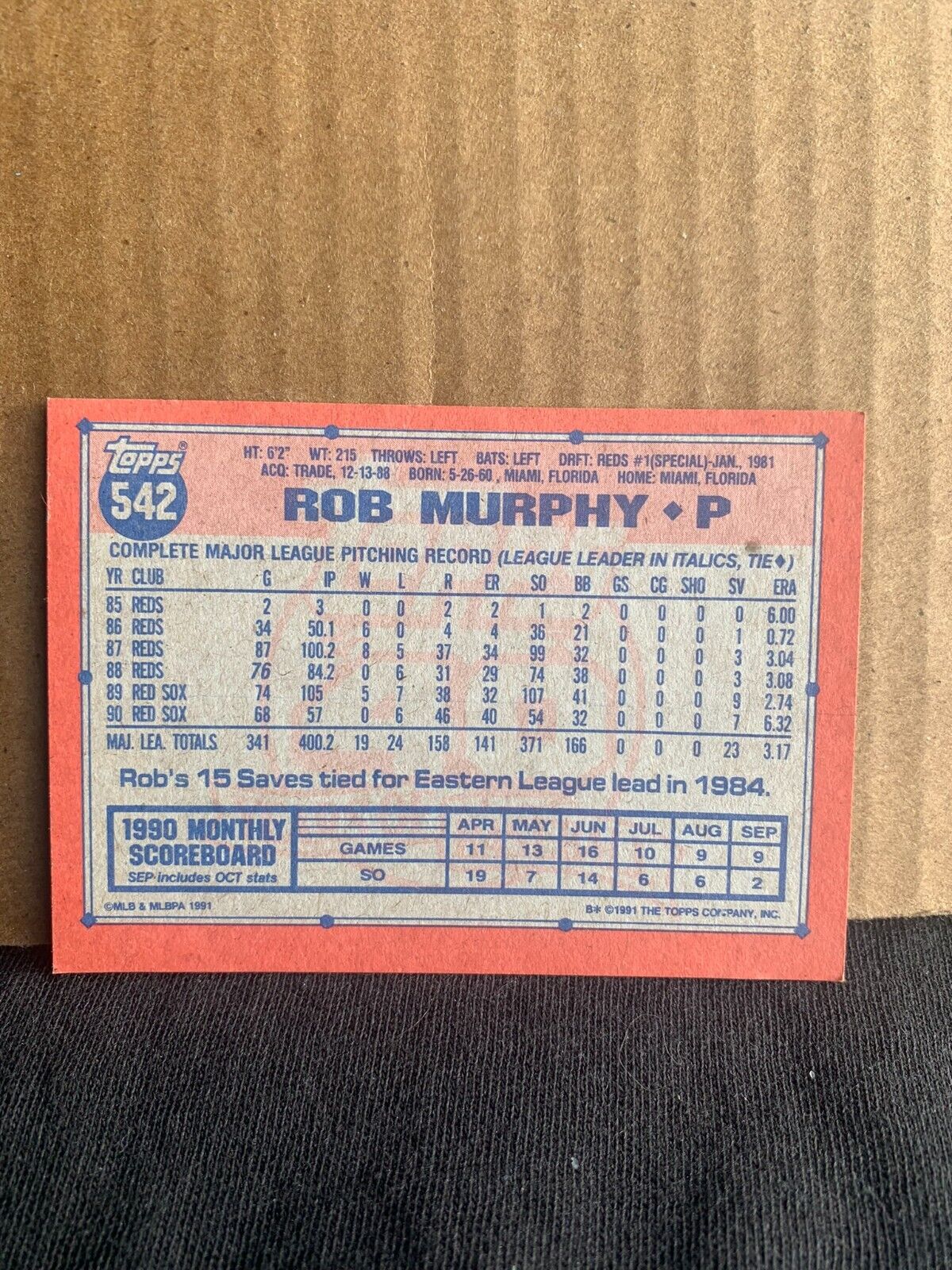 1991 Topps Baseball Card Boston Red Sox Rob Murphy