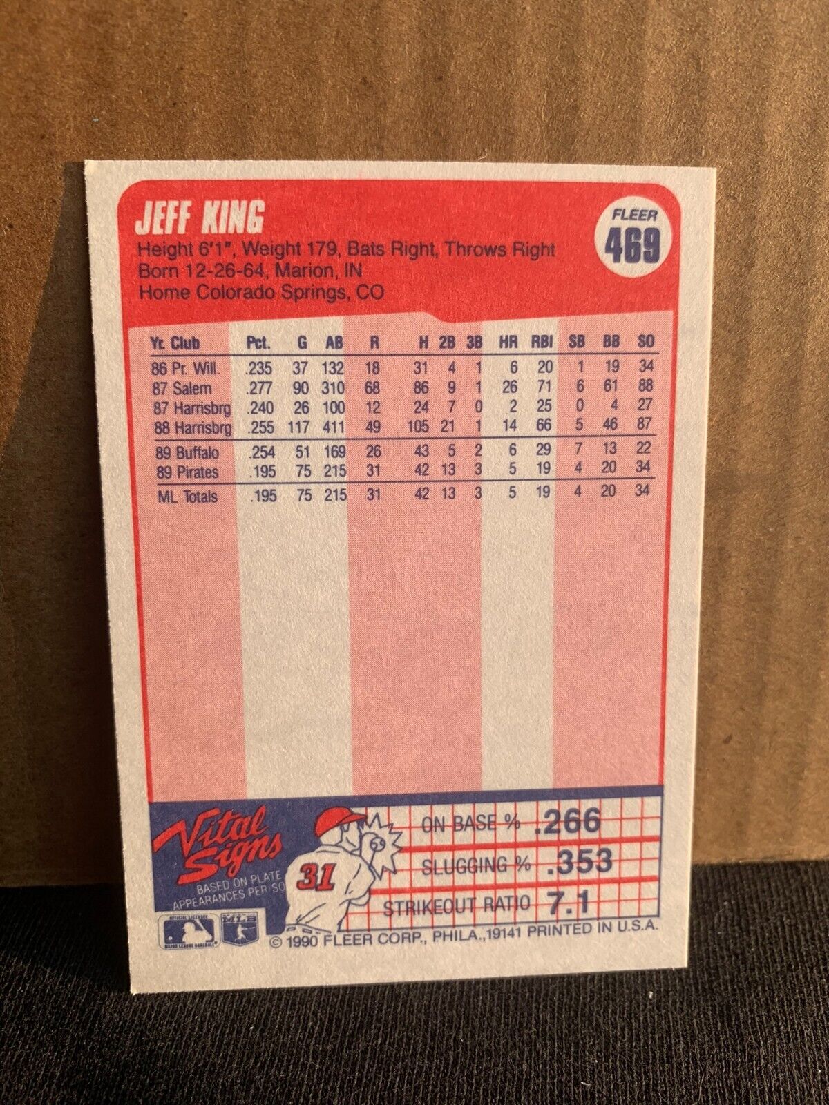 1990 Fleer Baseball Card Pittsburgh Pirates Jeff King