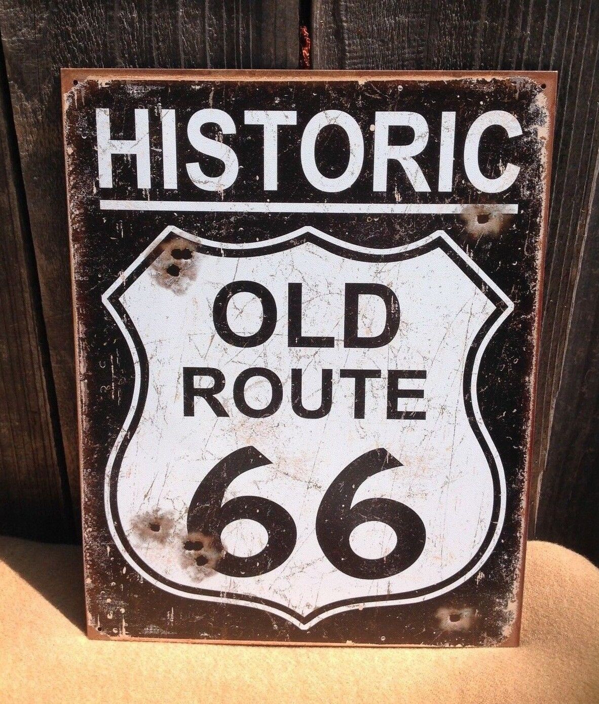 Historic Old Route 66 Bullet Holes Tin Metal Classic Sign Poster Garage Highway