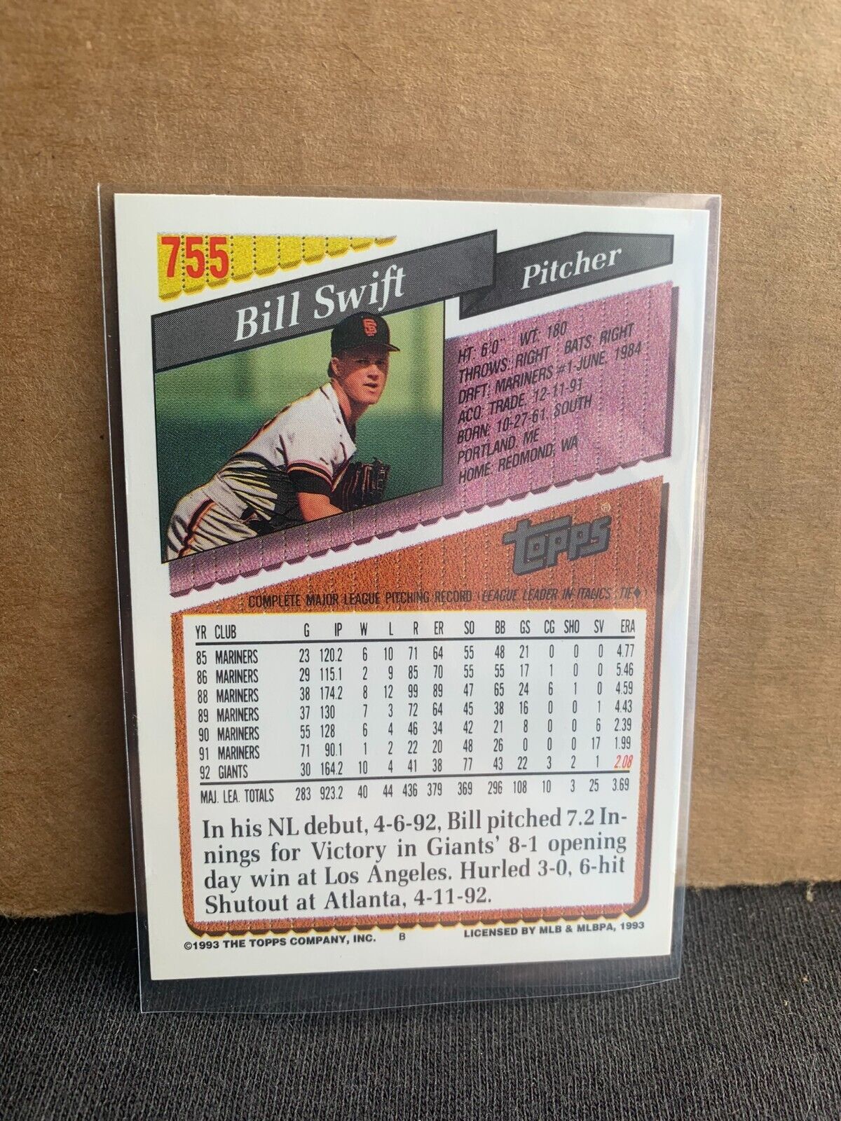 1993 Topps Baseball Card San Francisco Giants Bill Swift