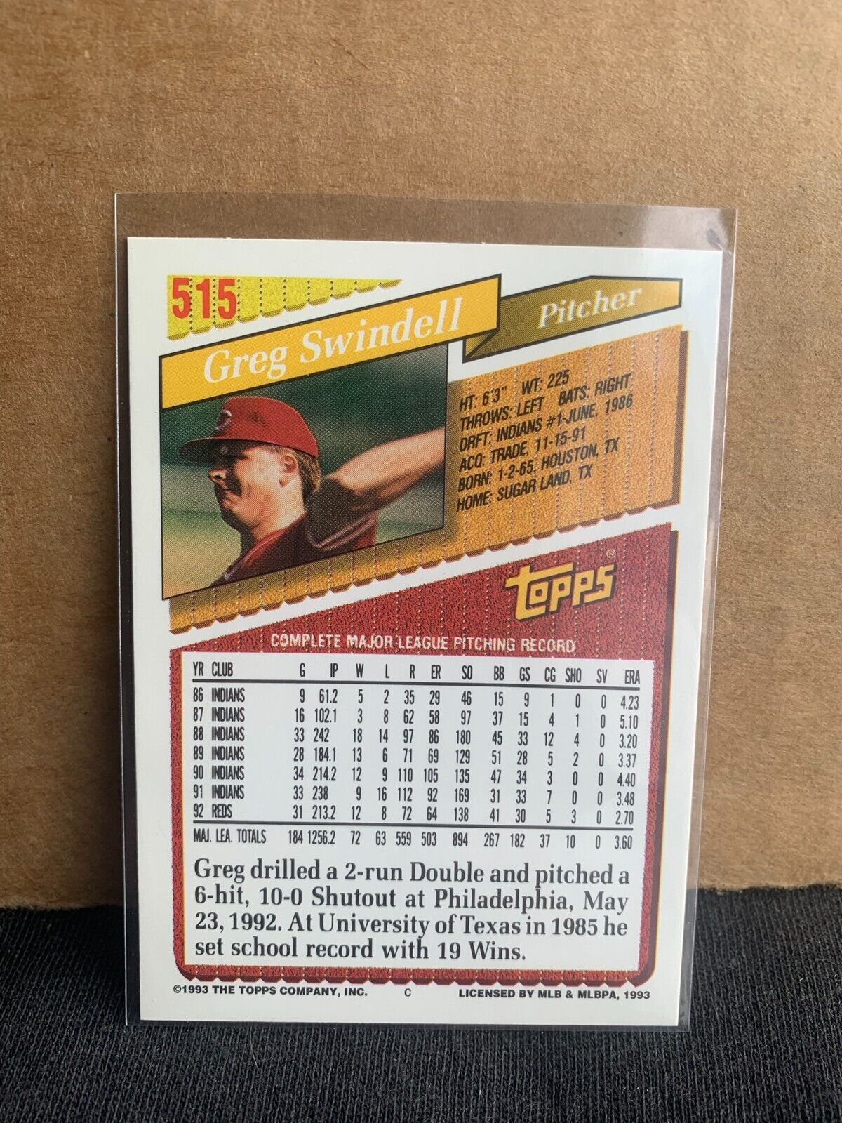 1993 Topps Baseball Card Cincinnati Reds Greg Swindell