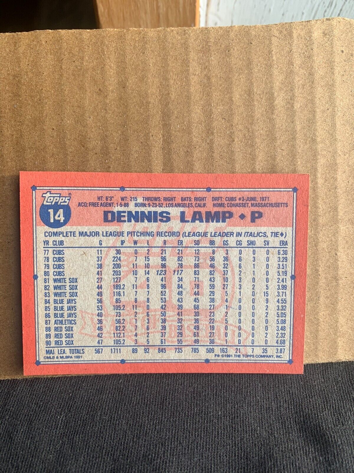1991 Topps Baseball Card Boston Red Sox Dennis Lamp