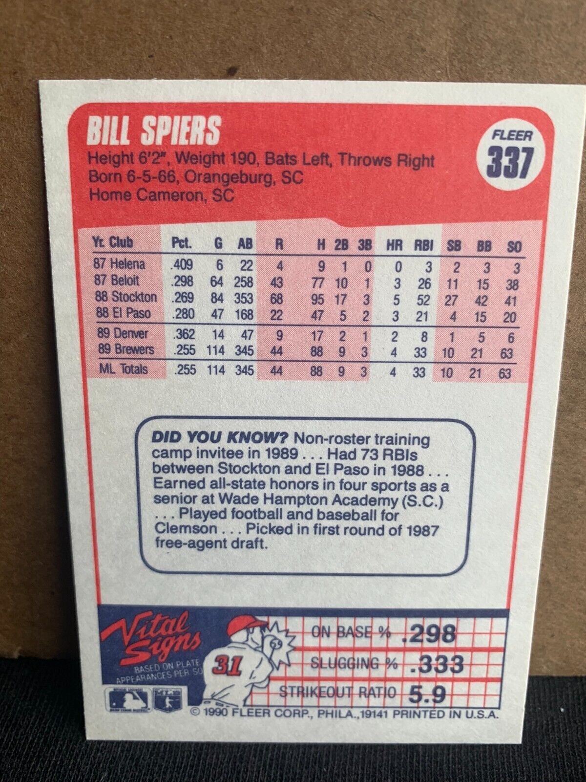 1990 Fleer Baseball Card Milwaukee Brewers Bill Spiers