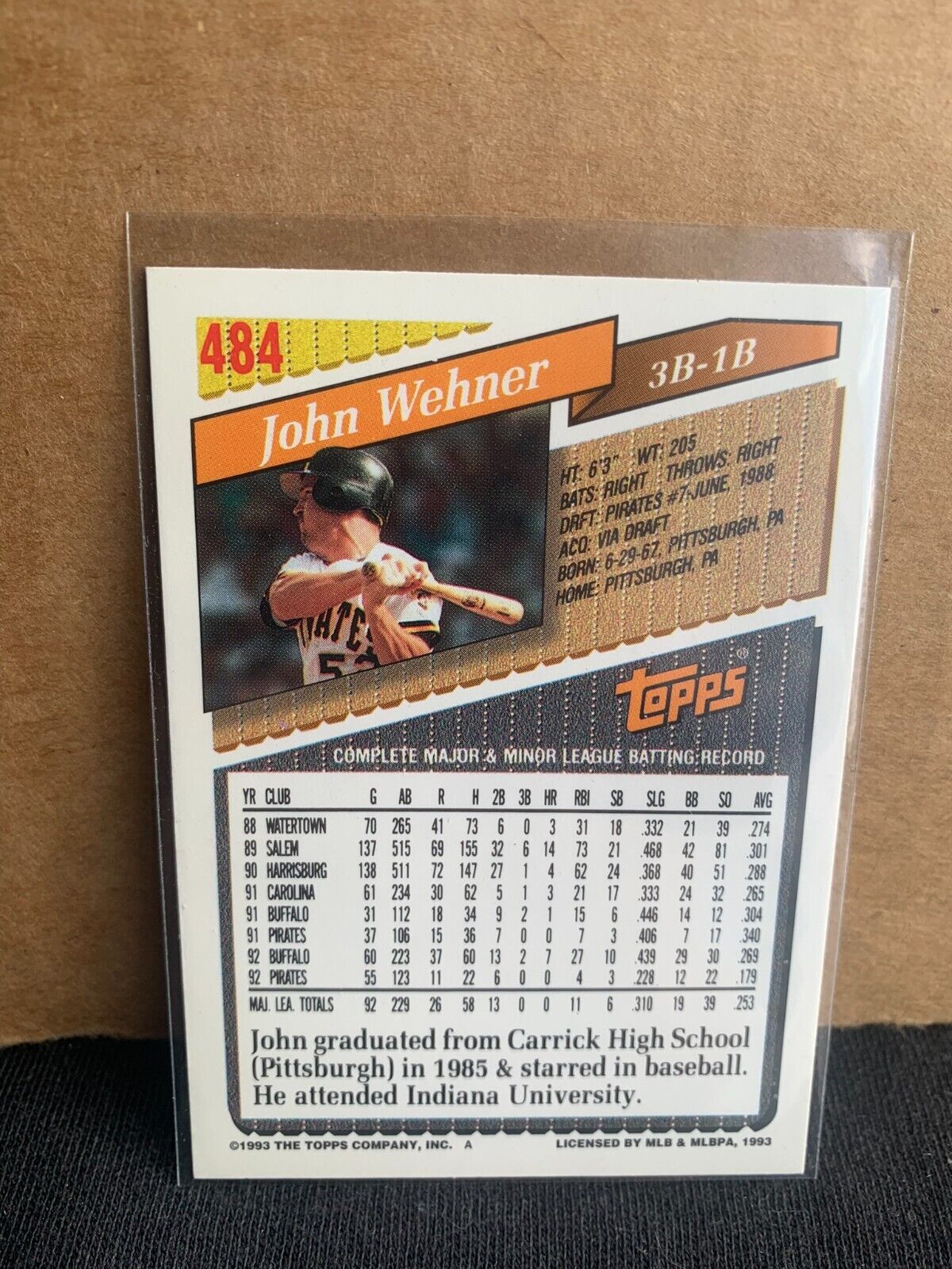 1993 Topps Baseball Card Pittsburgh Pirates John Wehner