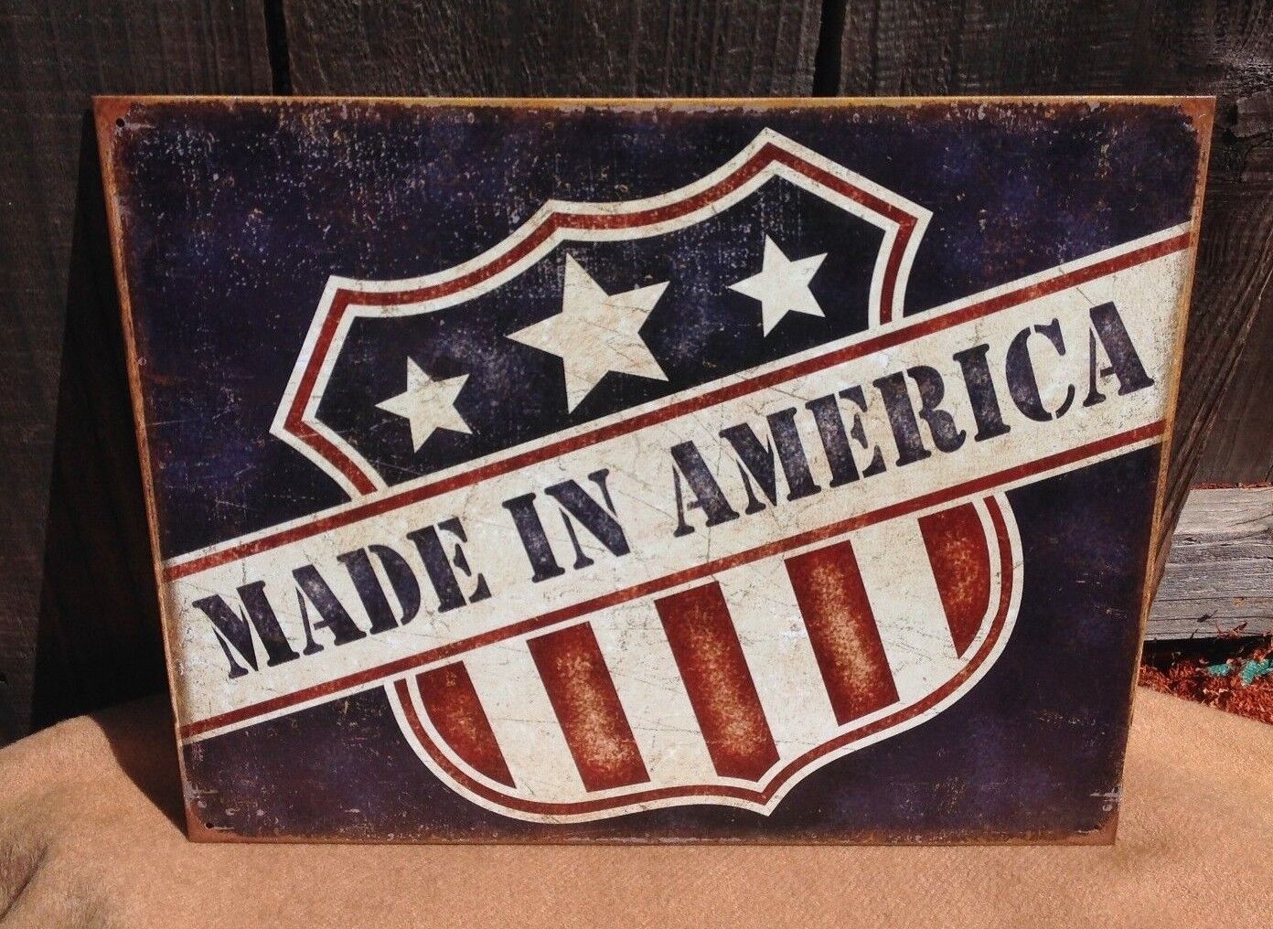 Made in America Tin Metal Sign Patriotic Flag Shield Wall Garage Shop Vintage