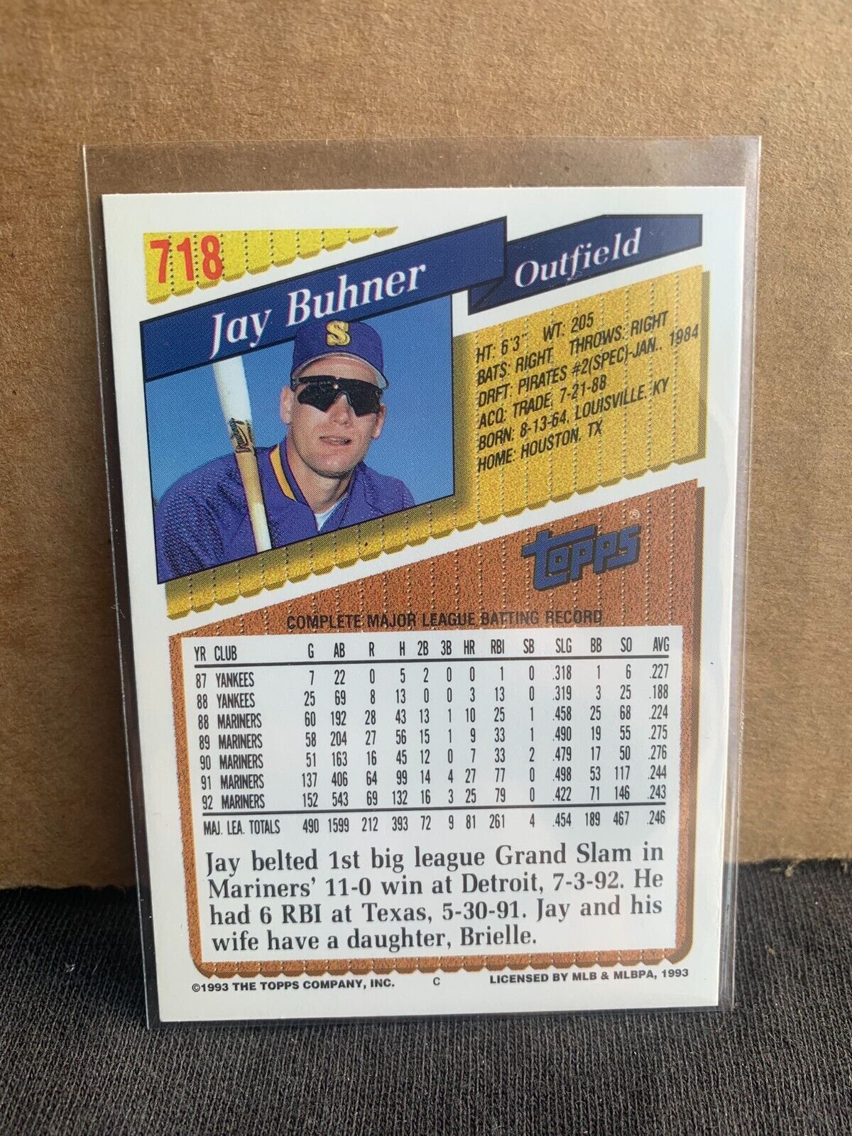 1993 Topps Baseball Card Seattle Mariners Jay Buhner