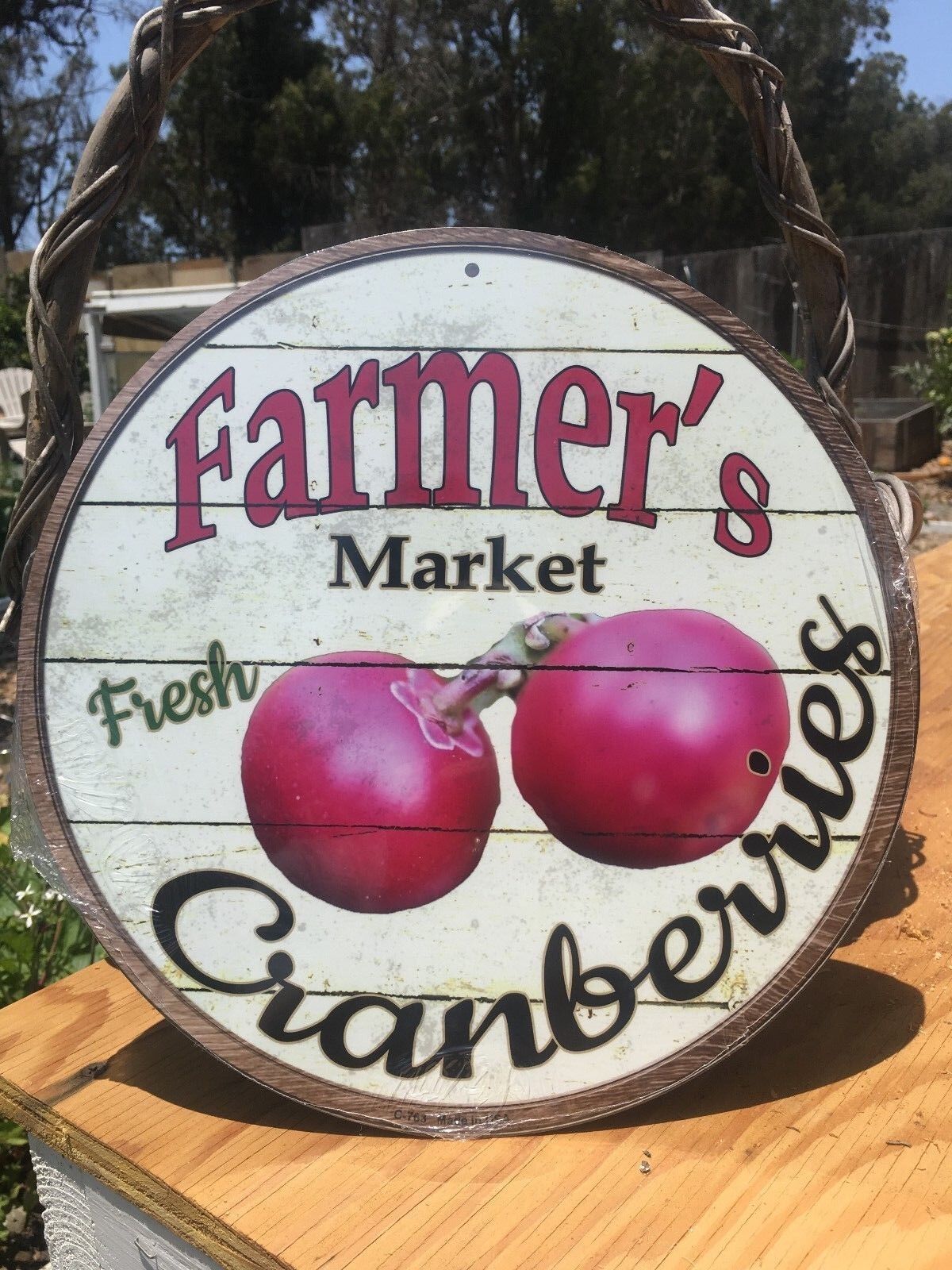 Farmers Market Fresh Cranberries Round Sign Vintage Garage Bar Decor Old Rustic