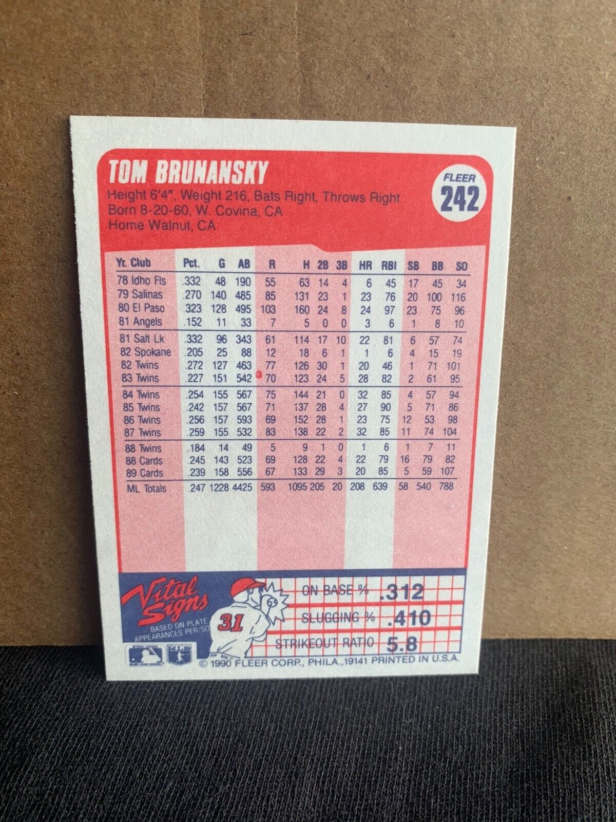 1990 Fleer Baseball Card St. Louis Cardinals Tom Brunansky