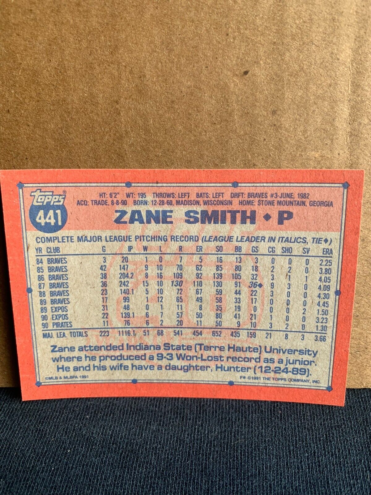 1991 Topps Baseball Card Pittsburgh Pirates Zane Smith