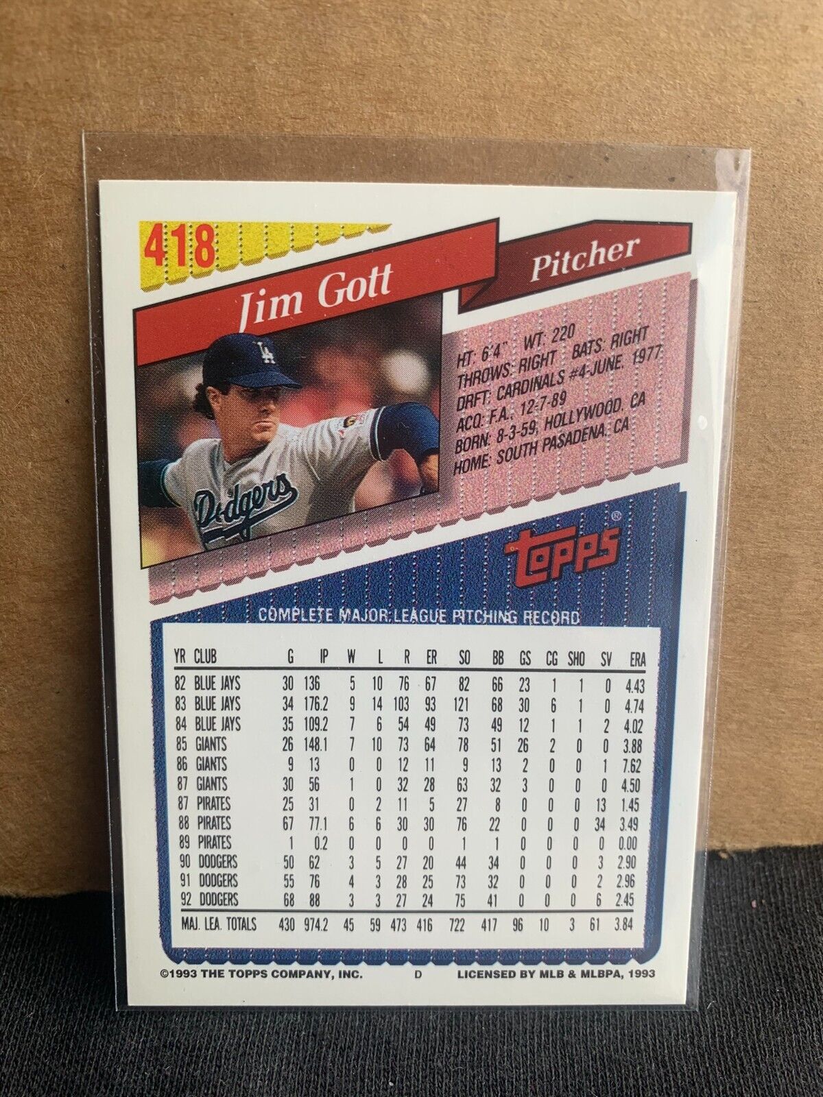 1993 Topps Baseball Card Los Angeles Dodgers Jim Gott 