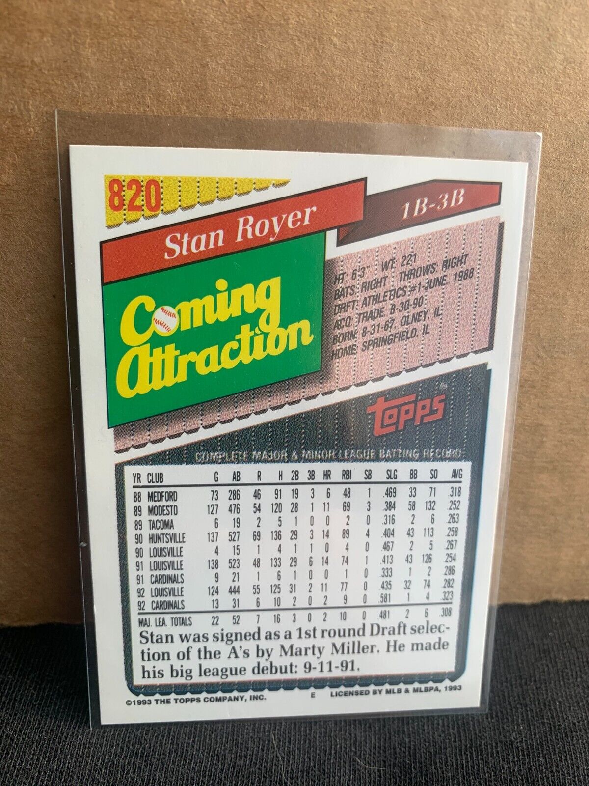 1993 Topps Baseball Card Coming Attraction Stan Royer