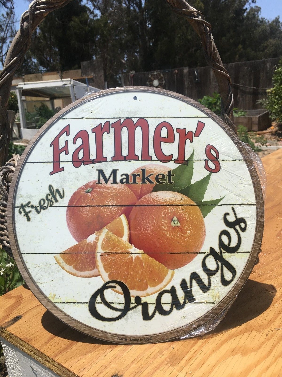 Farmers Market Fresh Oranges Round Sign Tin Vintage Garage Bar Decor Old Rustic
