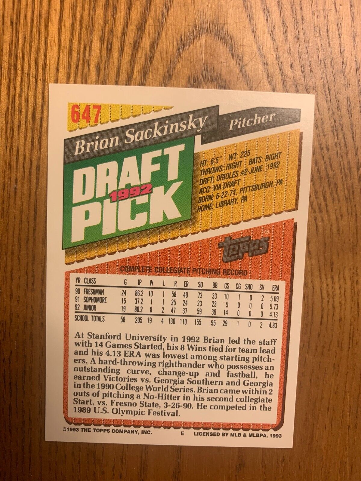 1993 Topps Baseball Card Draft Pick Brian Sackinsky