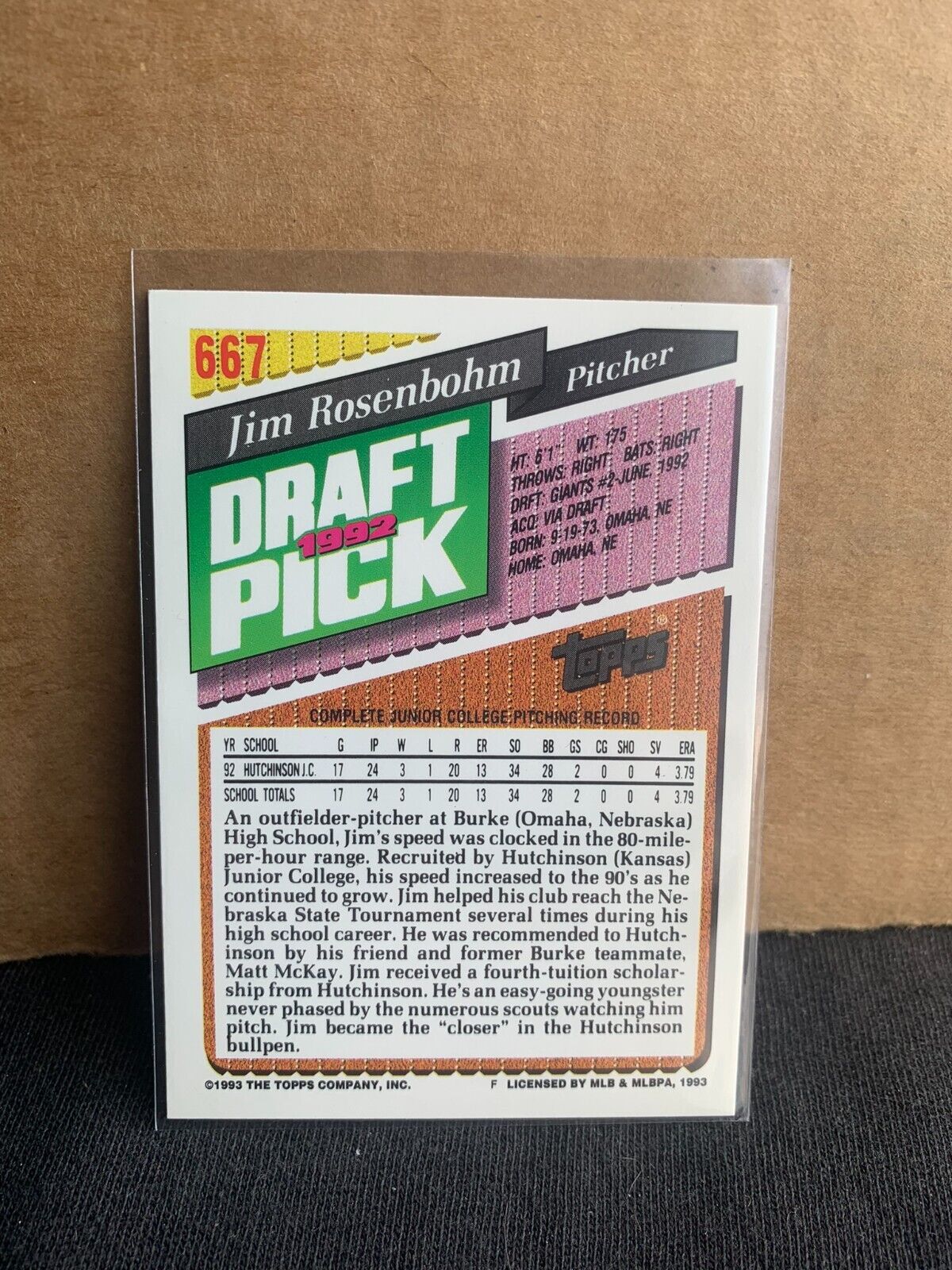 1993 Topps Gold Baseball Card 1992 Draft Pick Jim Rosenbohm