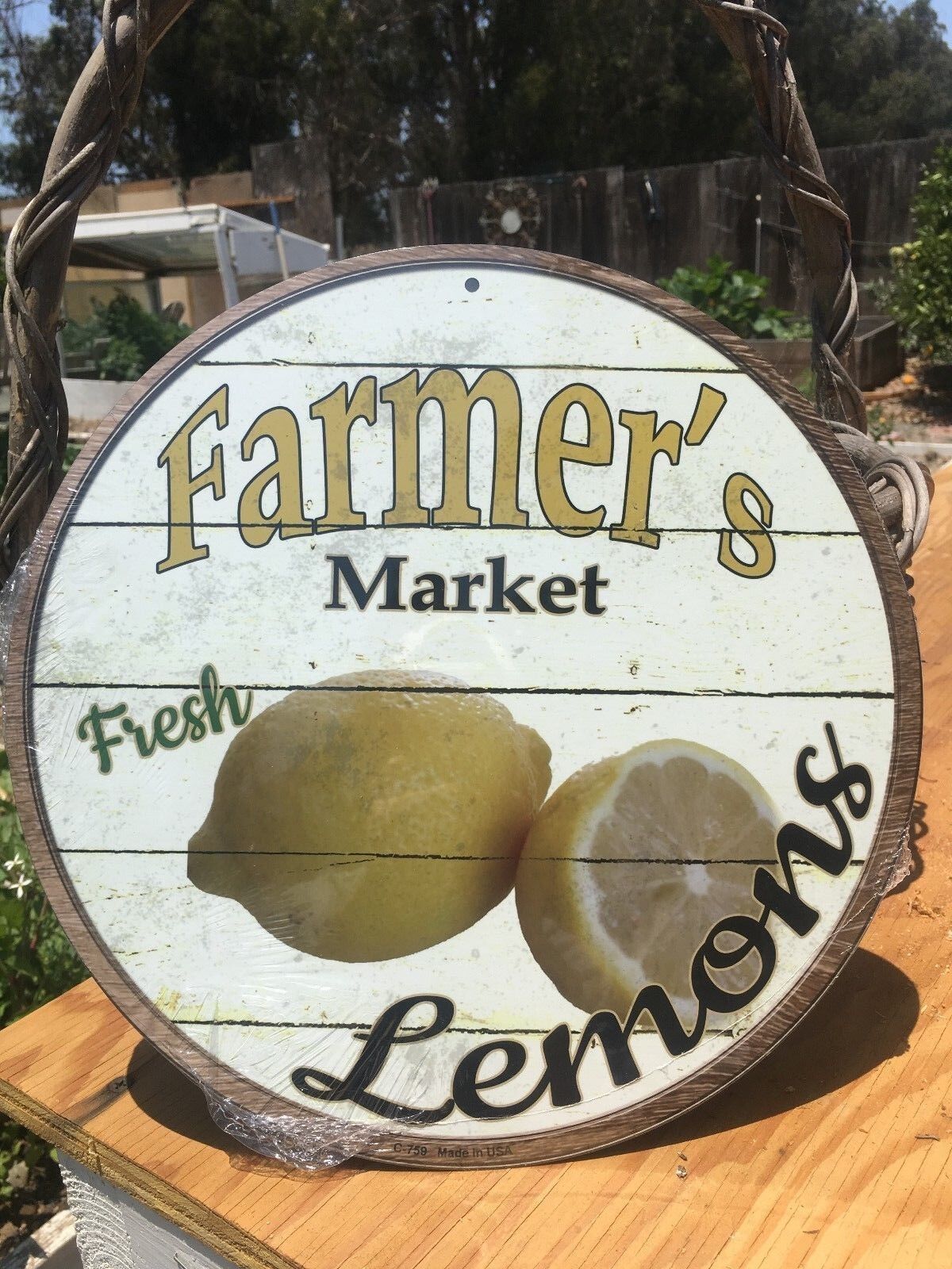 Farmers Market Fresh Lemons Round Sign Tin Vintage Garage Bar Decor Old Rustic