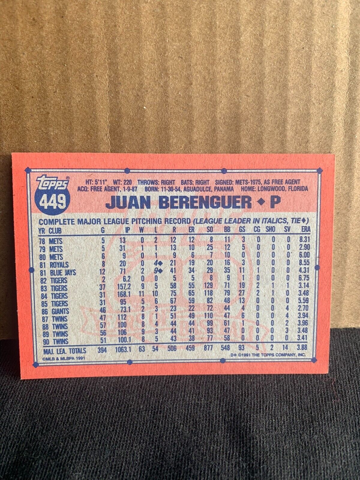 1991 Topps Baseball Card Minnesota Twins Juan Berenguer
