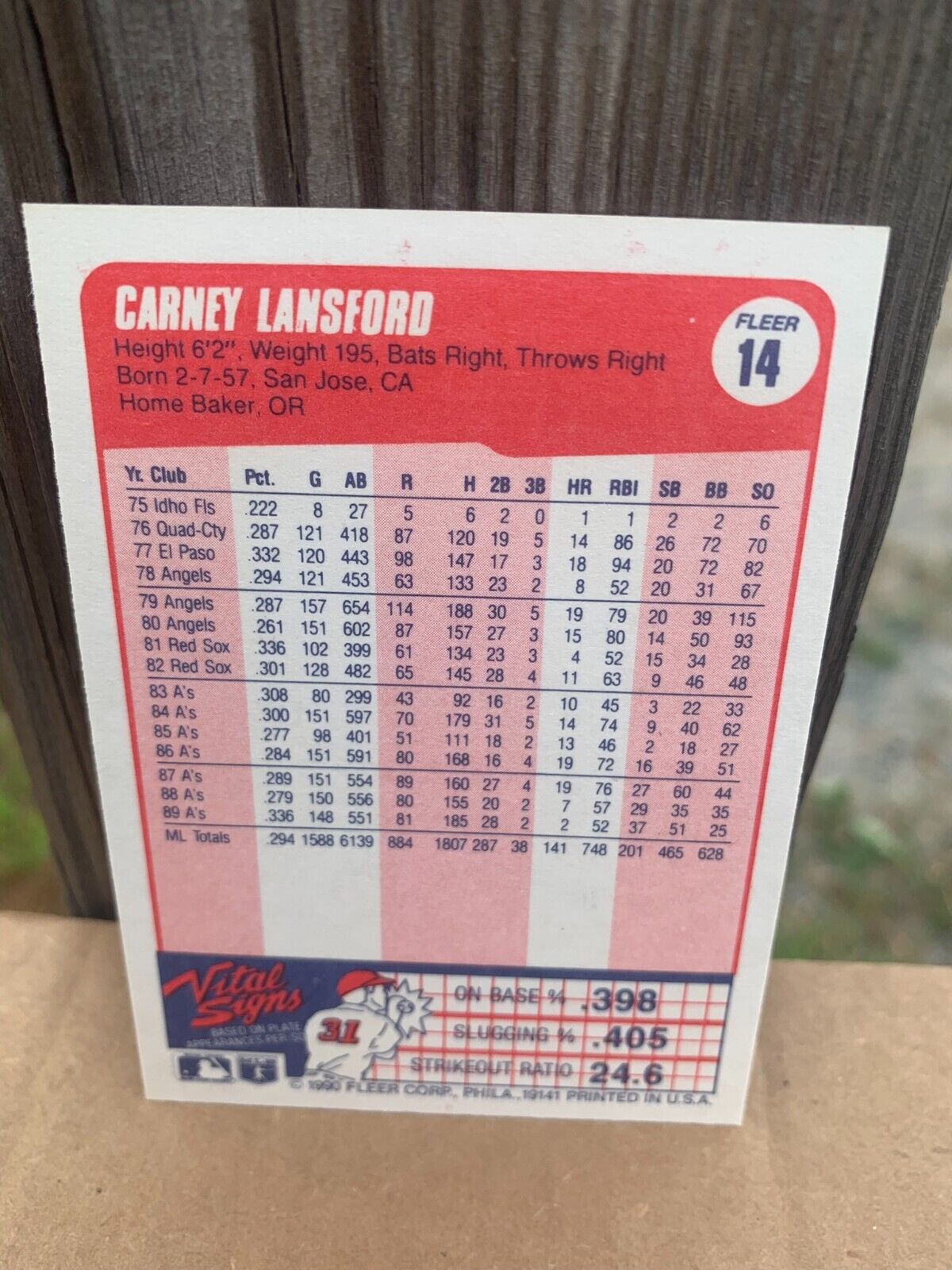 1990 Fleer Baseball Card Oakland Athletics Carney Lansford