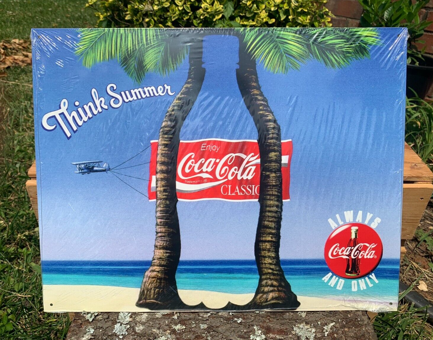 Vintage Always Coca Cola Sign Tin Metal Advertising Think Summer Beach Palm Tree