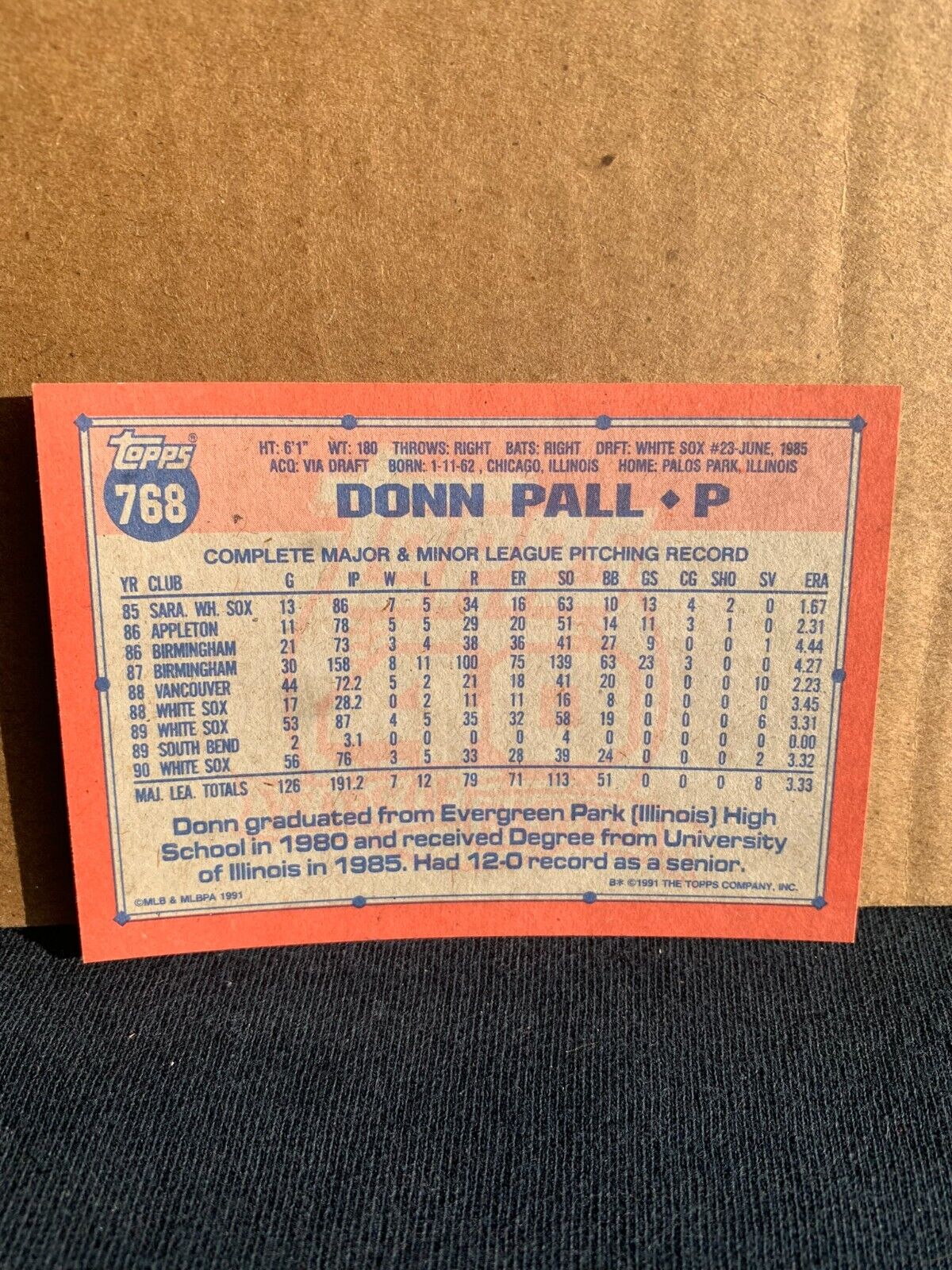 1991 Topps Baseball Card Chicago White Sox Donn Pall
