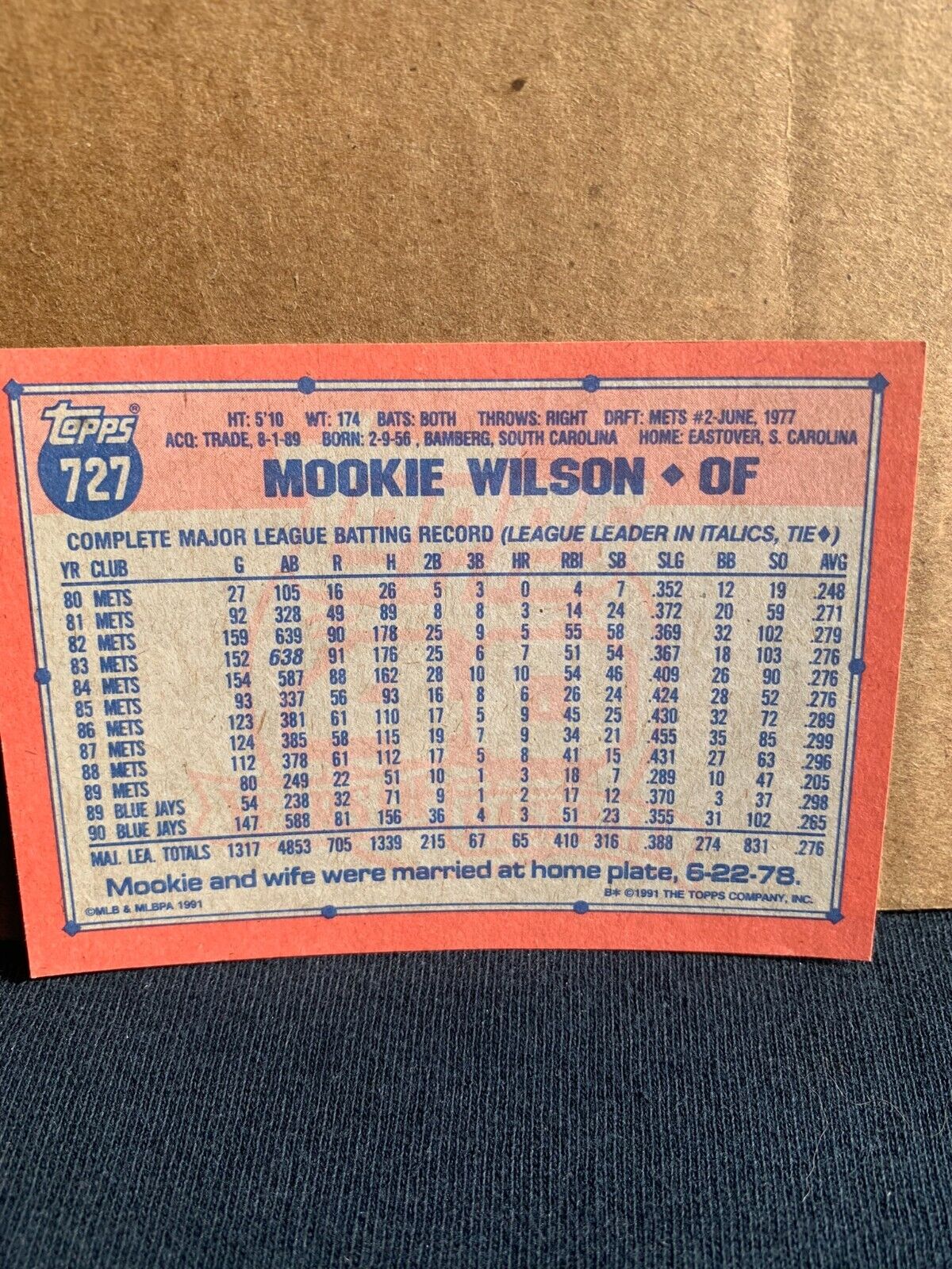 1991 Topps Baseball Card Toronto Blue Jays Mookie Wilson