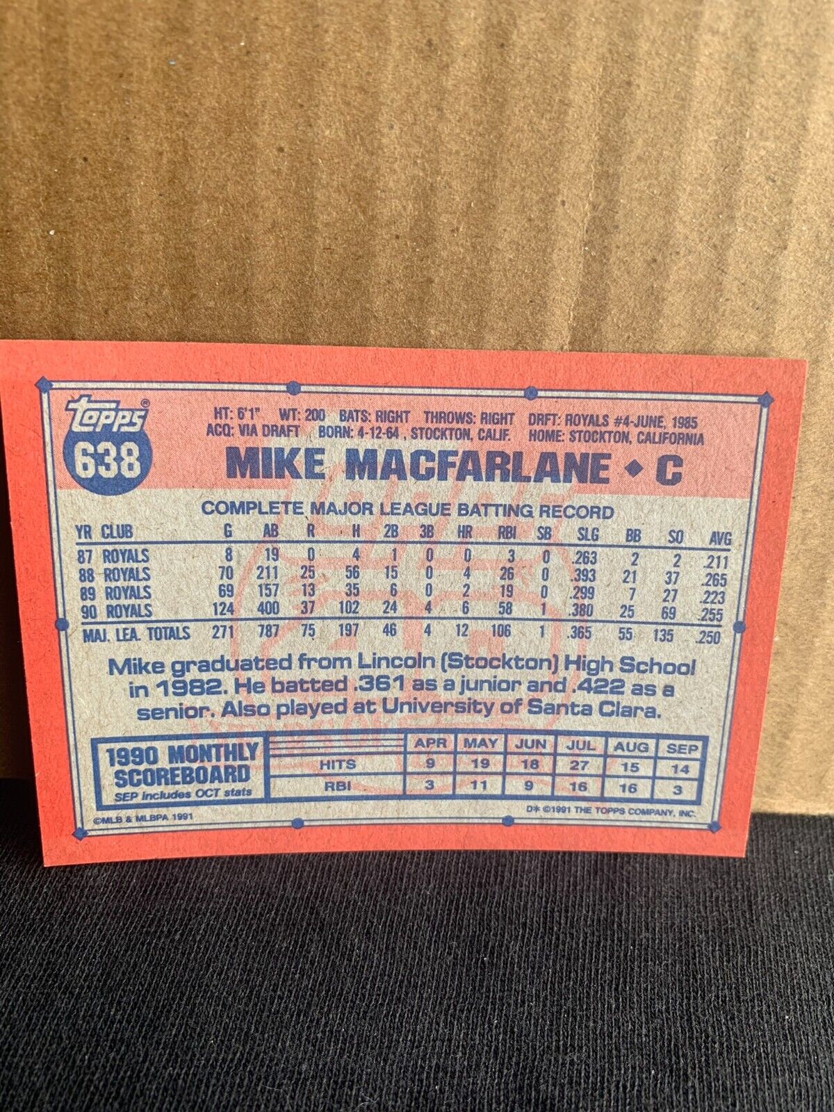 1991 Topps Baseball Card Kansas City Royals Mike Macfarlane