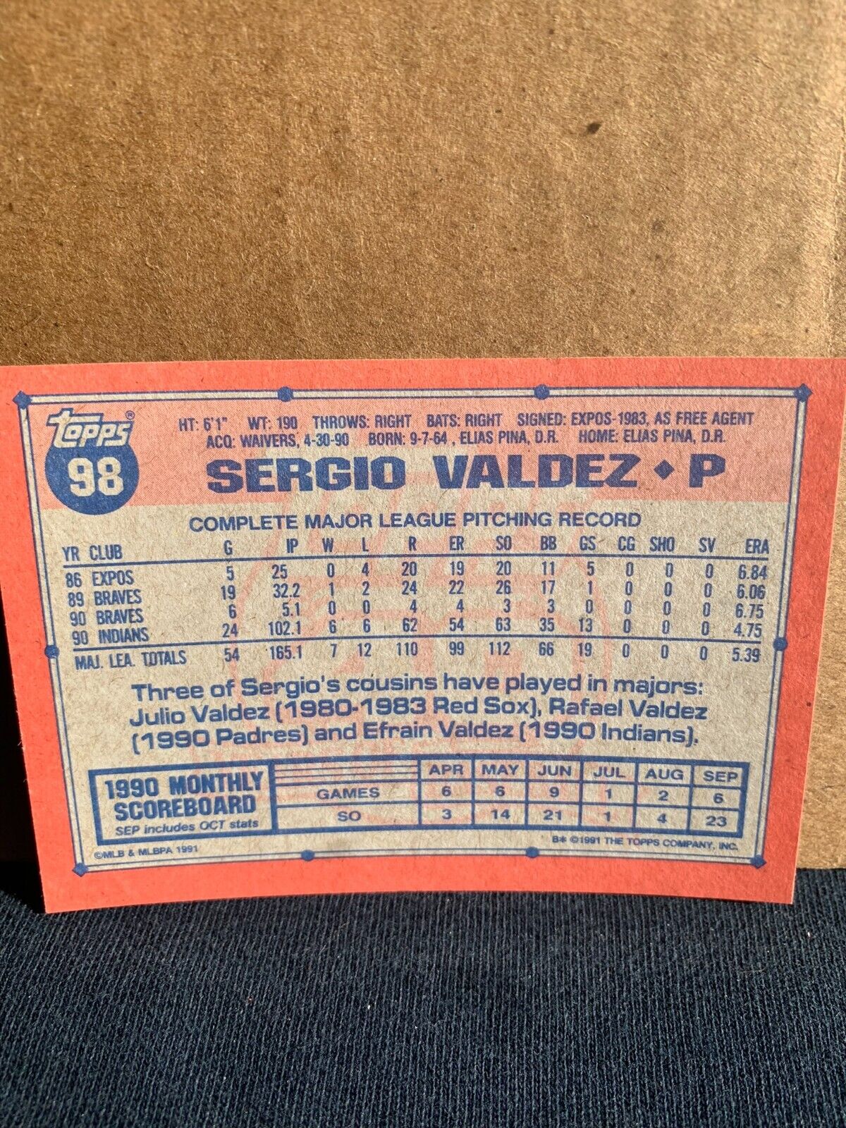 1991 Topps Baseball Card Cleveland Indians Sergio Valdez