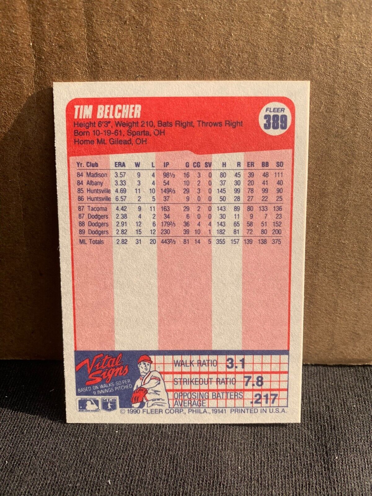 1990 Fleer Baseball Card Los Angeles Dodgers Tim Belcher