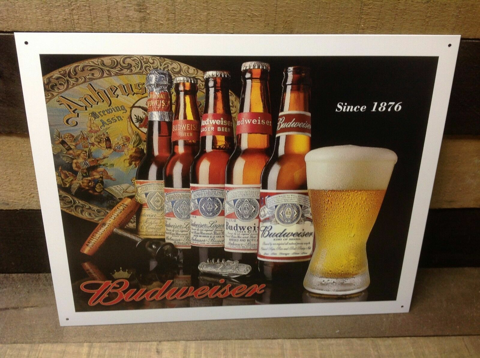 Vintage Budweiser Beer Tin Metal Sign Bottle Brewing History Since 1876 Genuine
