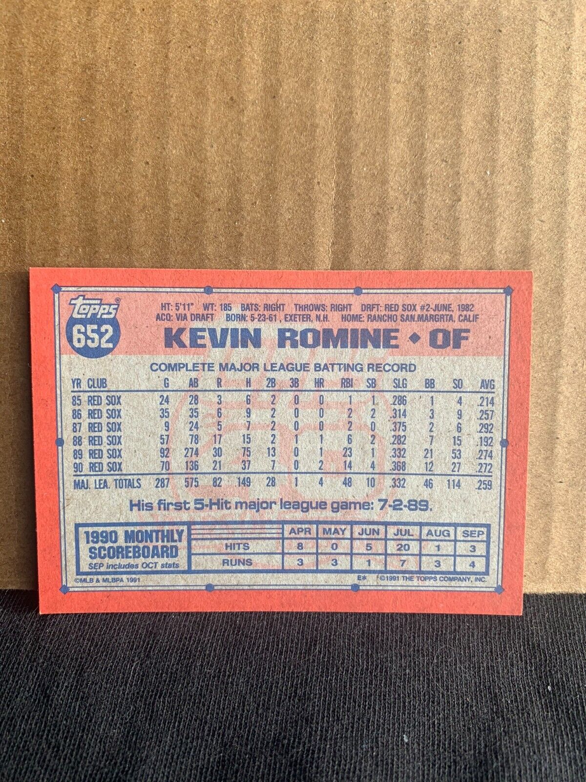 1991 Topps Baseball Card Boston Red Sox Kevin Romine