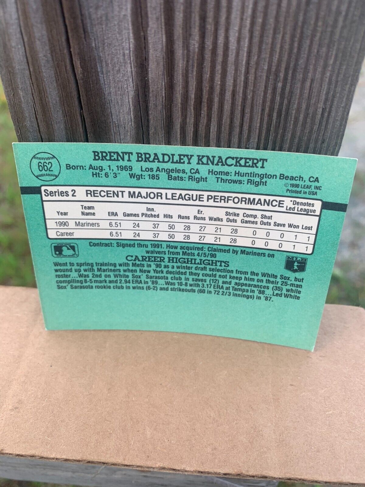 1991 Donruss Baseball Card Seattle Mariners Brent Knackert