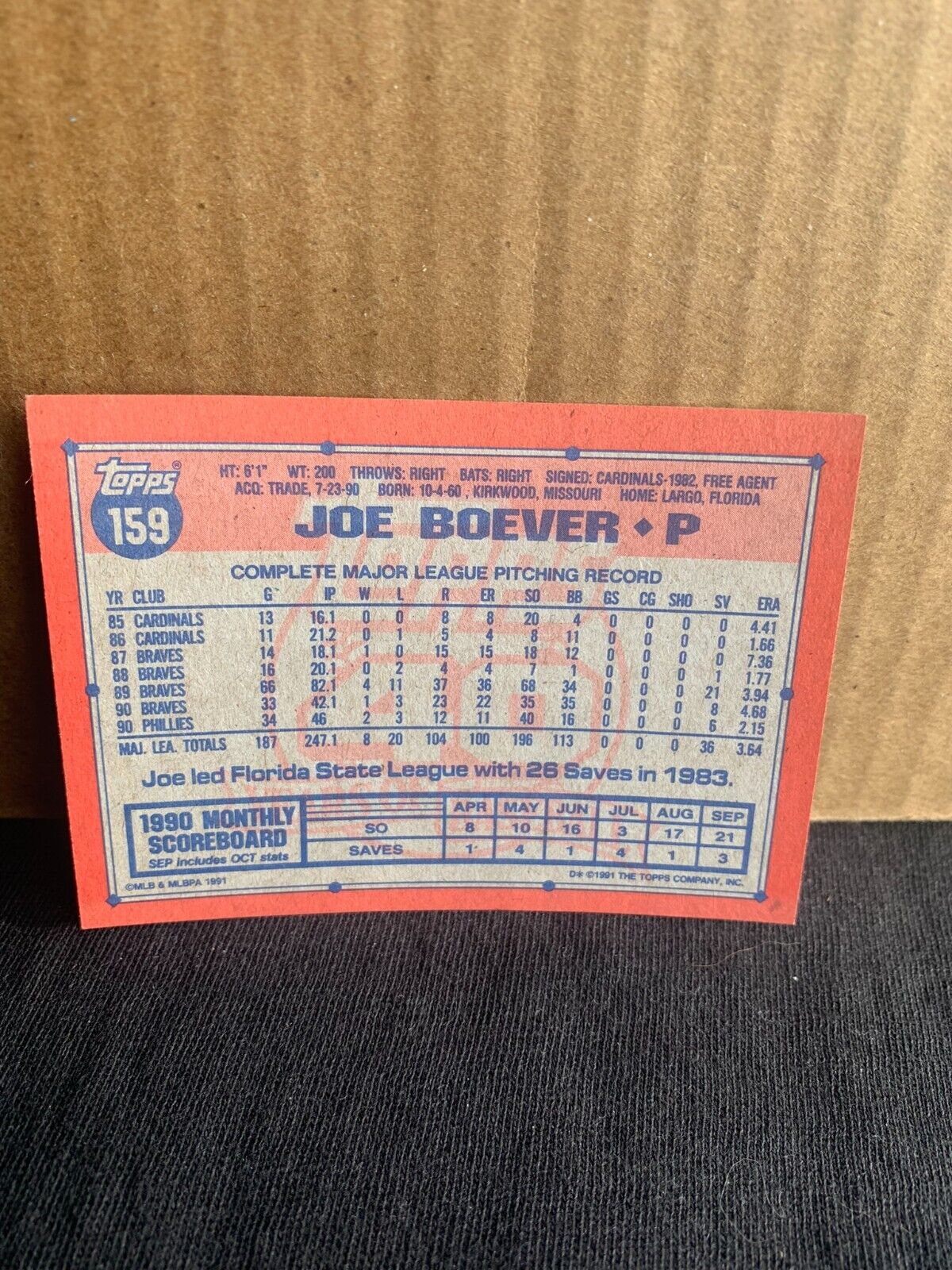 1991 Topps Baseball Card Philadelphia Phillies Joe Boever