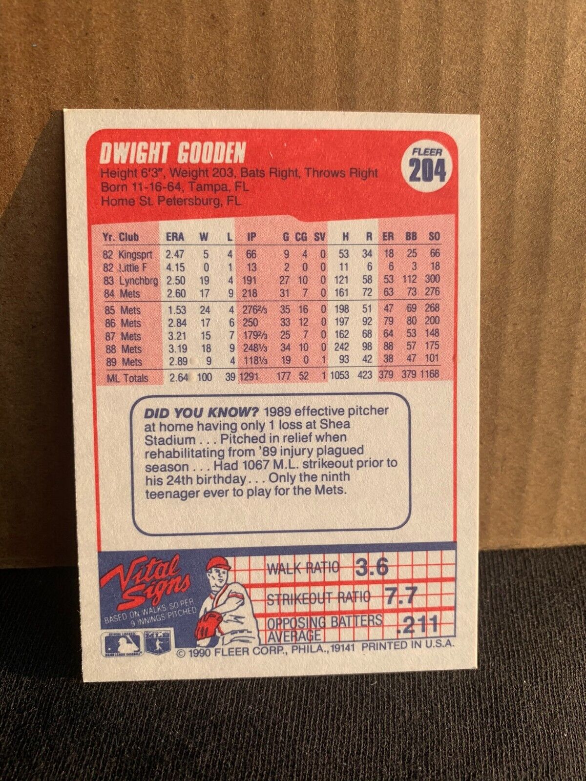 1990 Fleer Baseball Card New York Mets Dwight Gooden