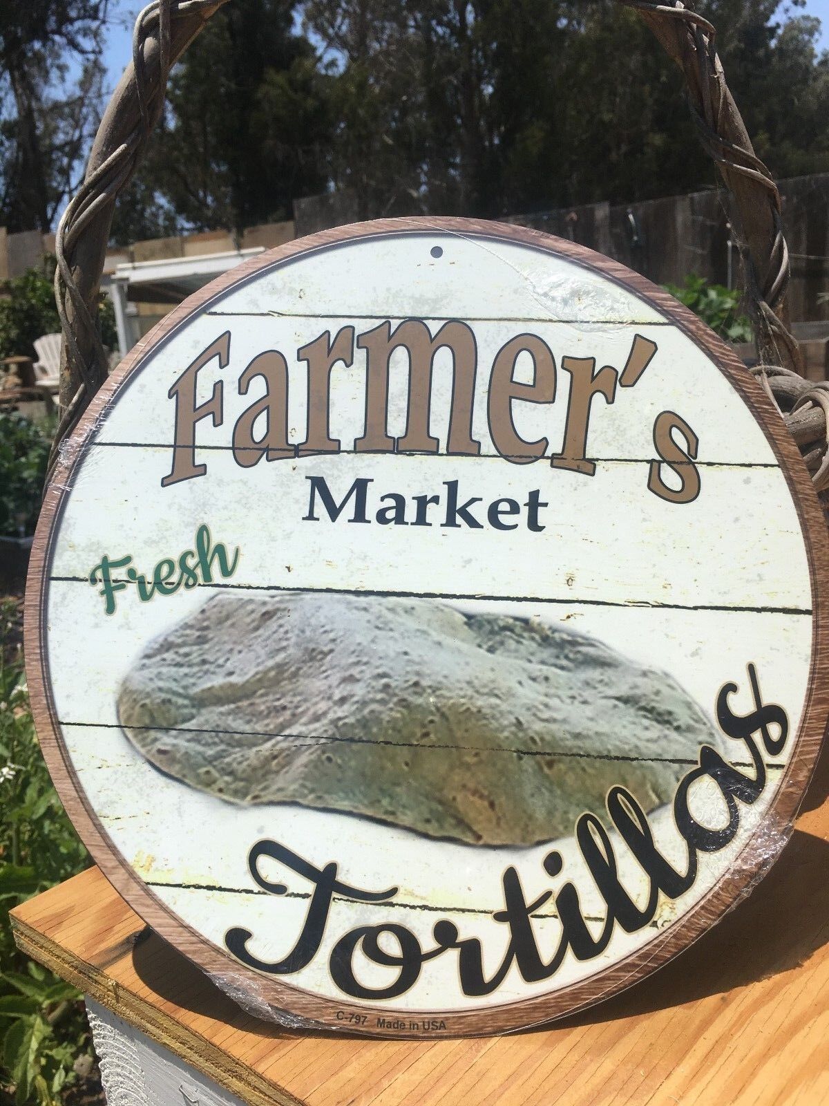 Farmers Market Fresh Tortillas Round Sign Vintage Garage Bar Decor Old Rustic