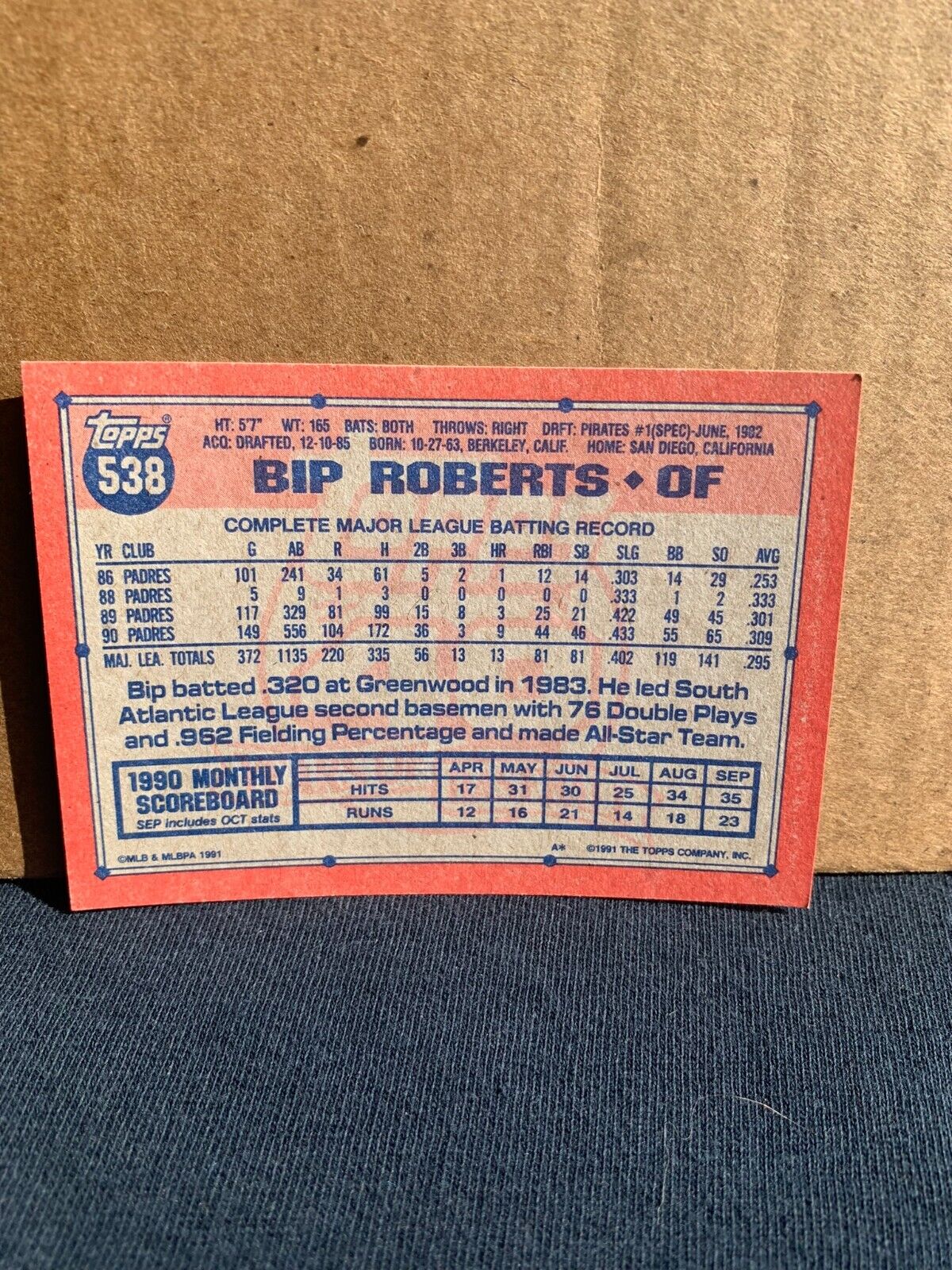 1991 Topps Baseball Card San Diego Padres Bip Roberts
