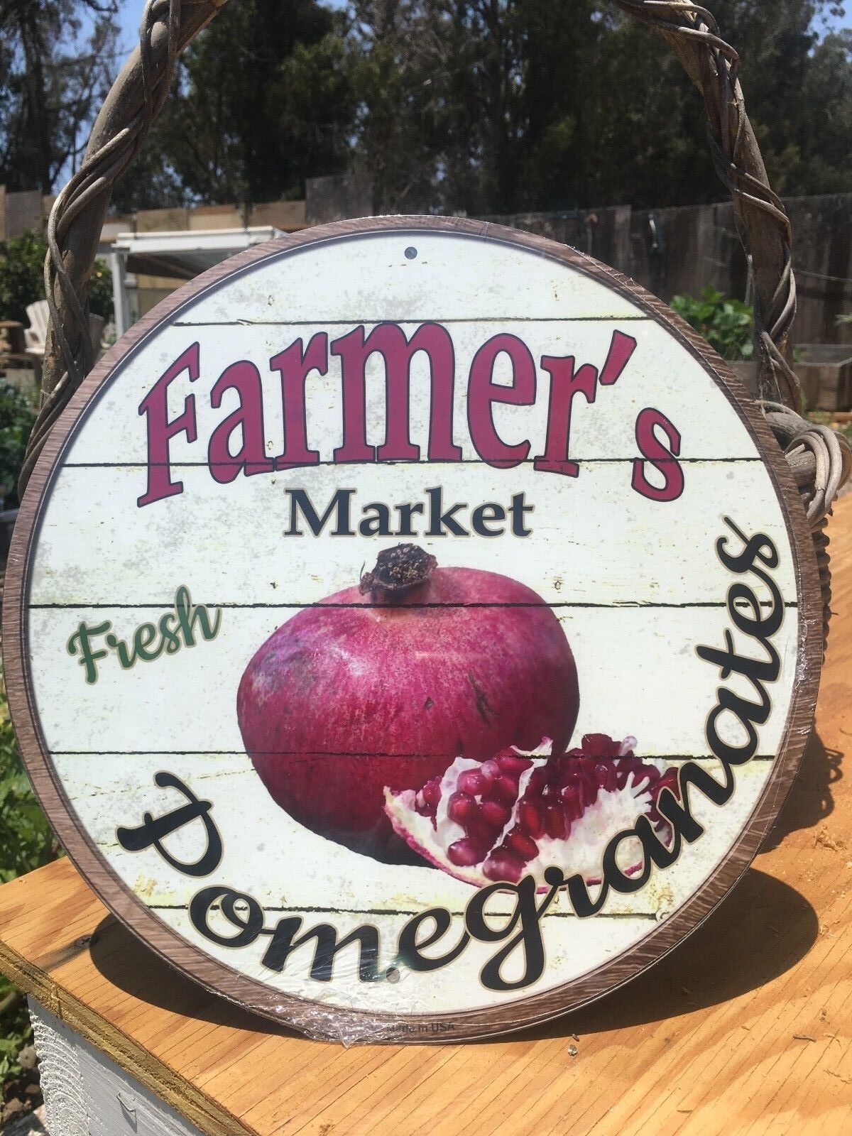 Farmers Market Fresh Pomegranates Round Sign Vintage Garage Bar Decor Old Rustic