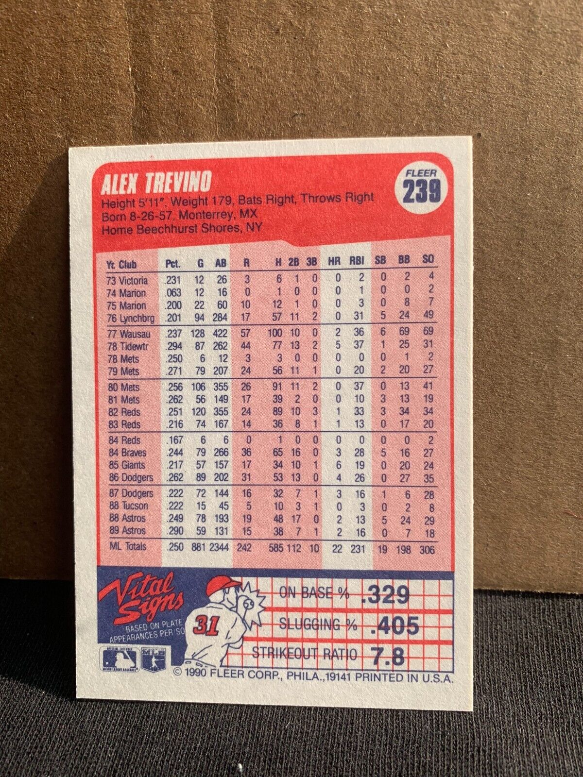 1990 Fleer Baseball Card Houston Astros Alex Trevino