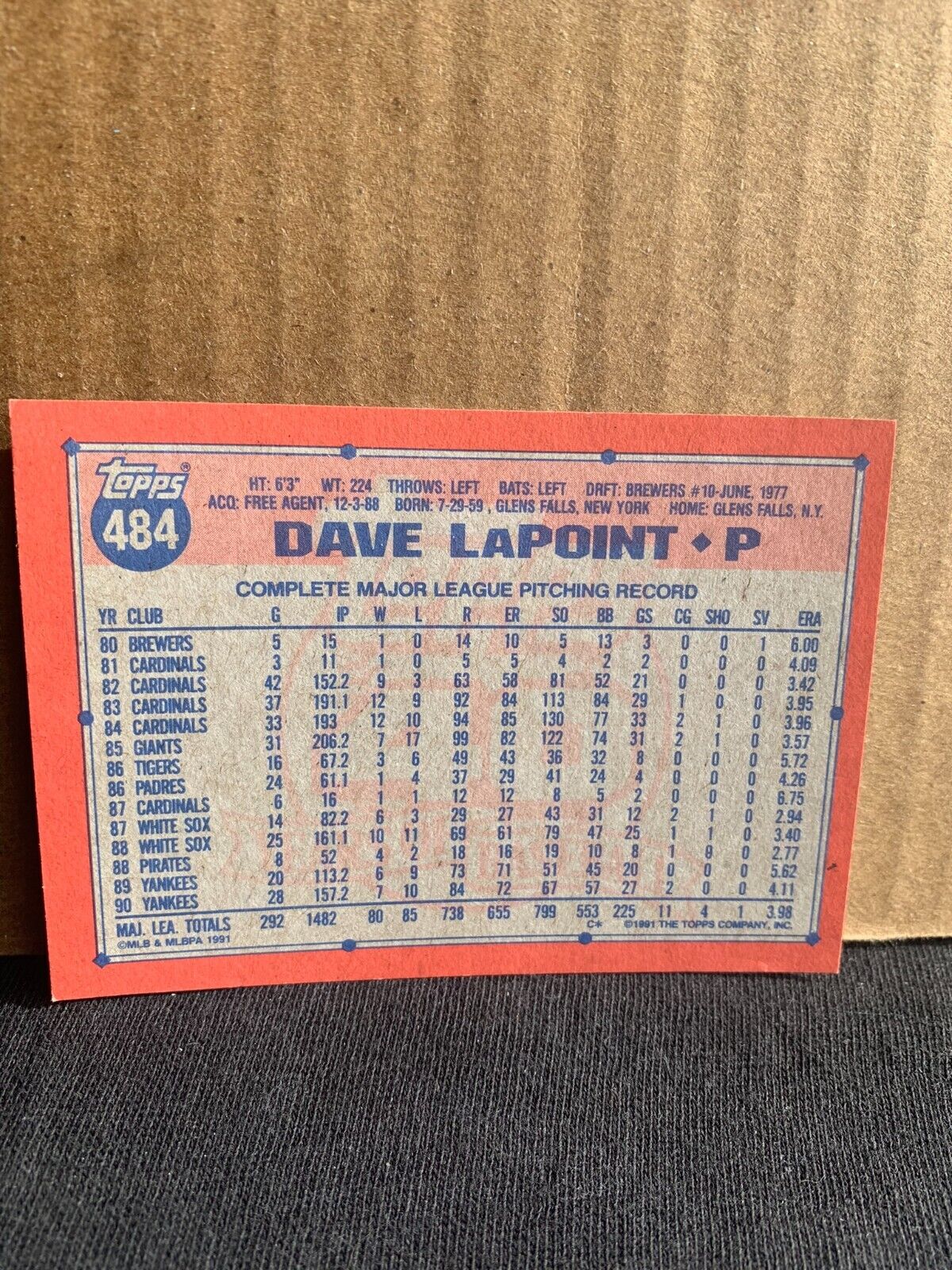 1991 Topps Baseball Card New York Yankees Dave LaPoint