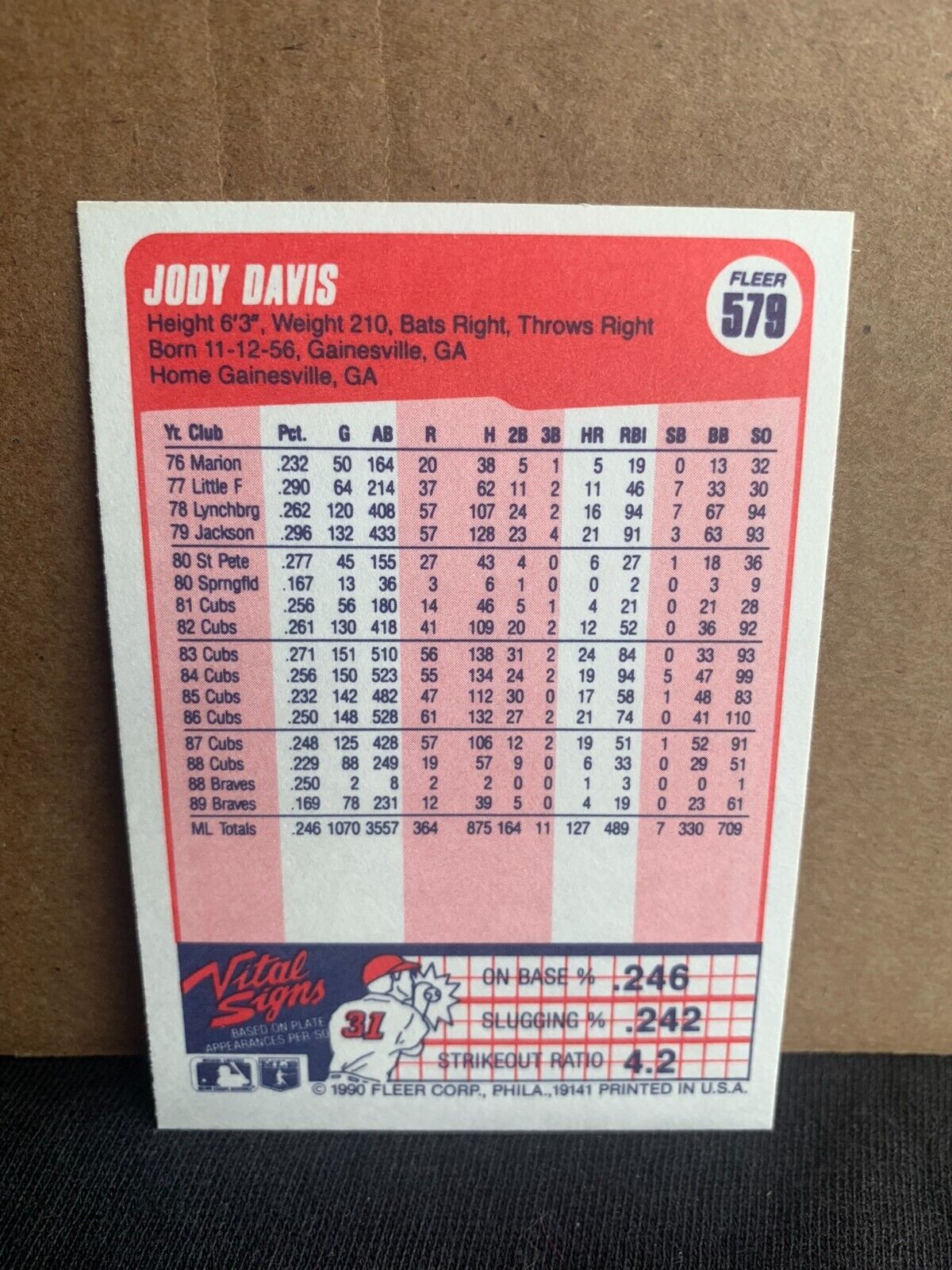 1990 Fleer Baseball Card Atlanta Braves Jody Davis
