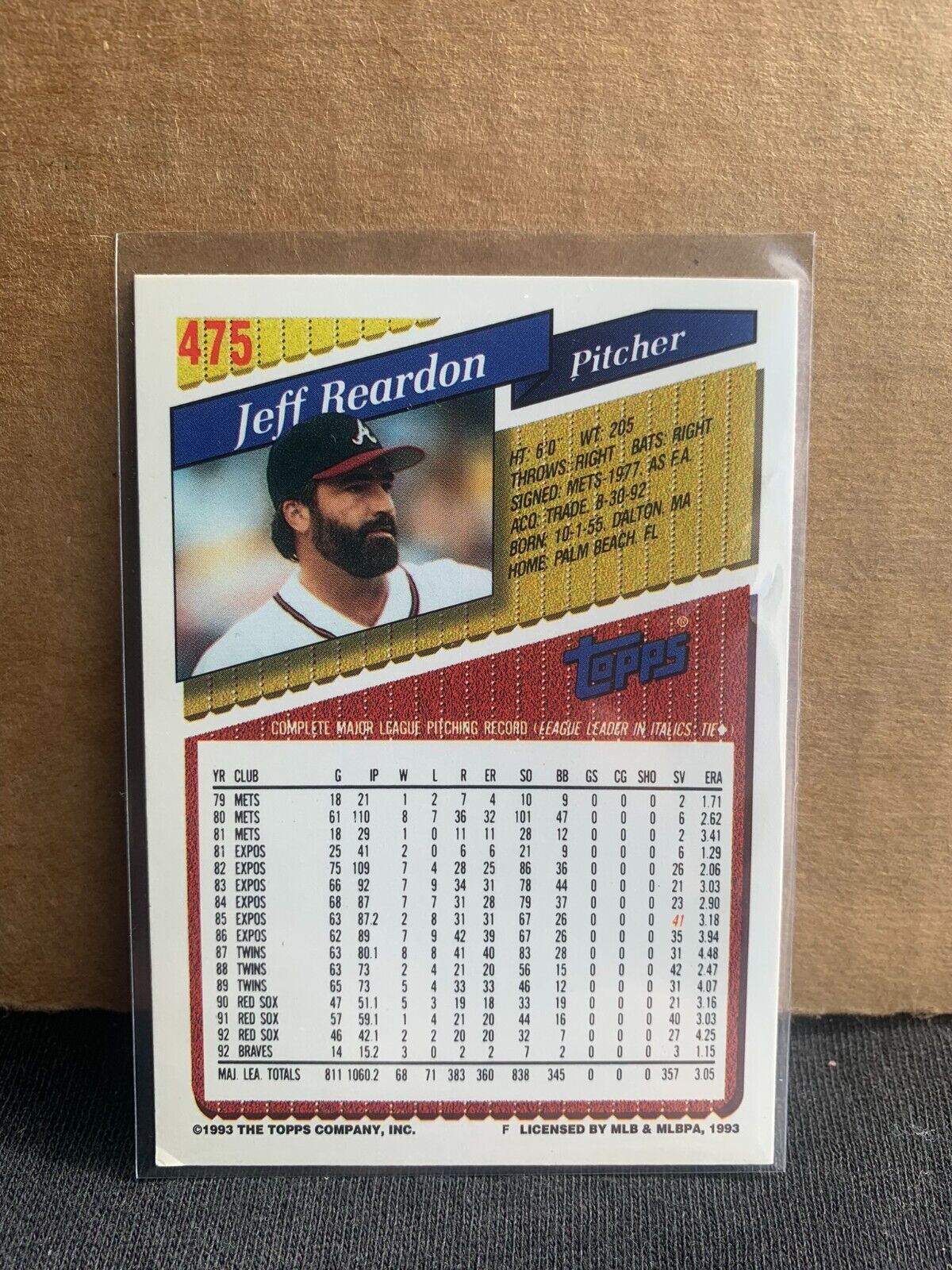 1993 Topps Baseball Card Atlanta Braves Jeff Reardon 