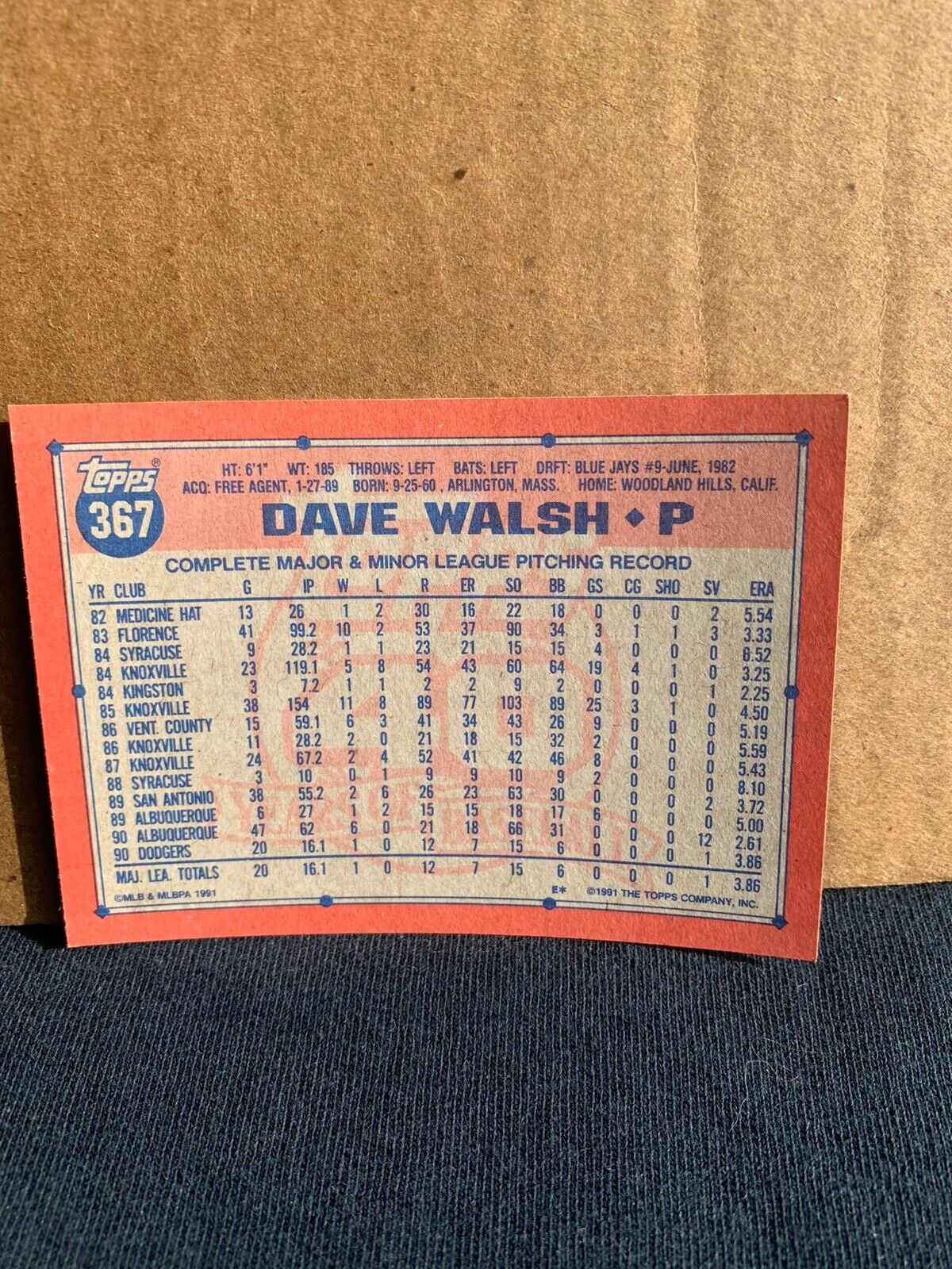 1991 Topps Baseball Card Los Angeles Dodgers Dave Walsh