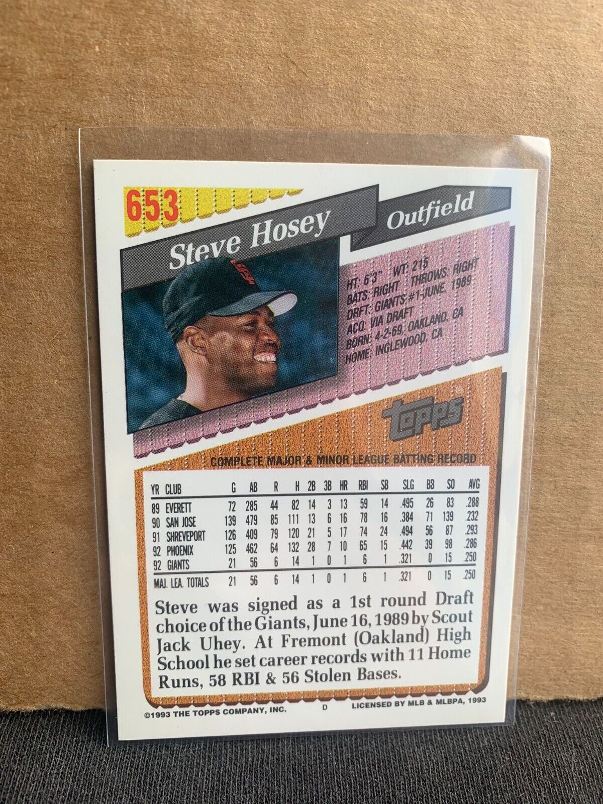1993 Topps Baseball Card San Francisco Giants Steve Hosey